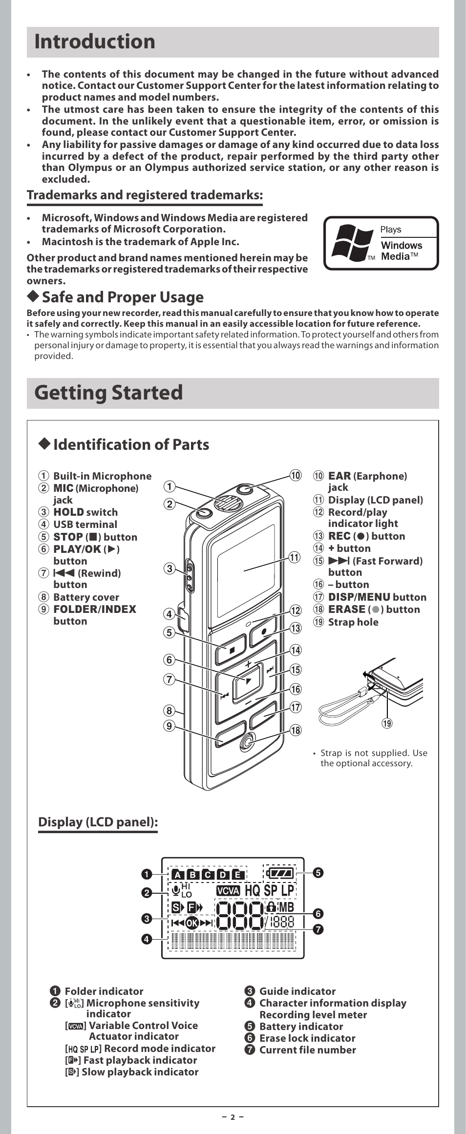 Introduction, Getting started, H safe and proper usage | H identification of parts, Display (lcd panel), Trademarks and registered trademarks | Olympus VN-3200PC User Manual | Page 2 / 12