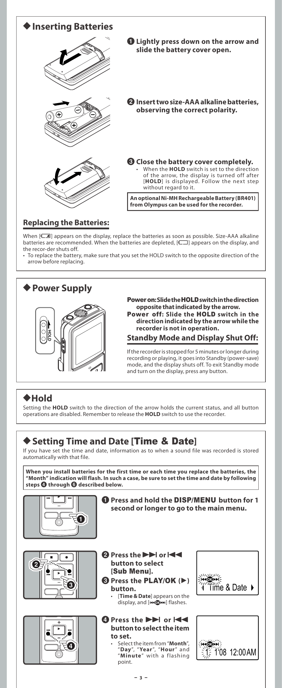 H inserting batteries h power supply h hold, H setting time and date [ time & date, Replacing the batteries | Standby mode and display shut off | Olympus VN-3200PC User Manual | Page 3 / 12