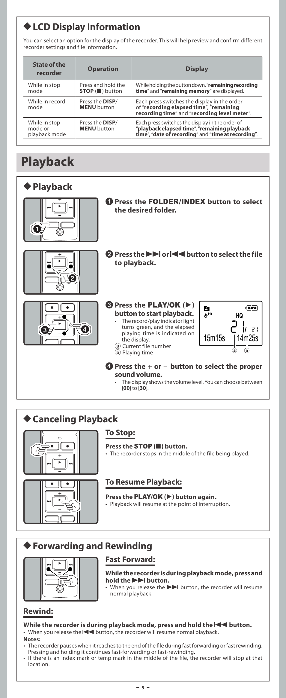 Playback, H lcd display information, H canceling playback h forwarding and rewinding | H playback, Fast forward, Rewind | Olympus VN-3200PC User Manual | Page 5 / 12