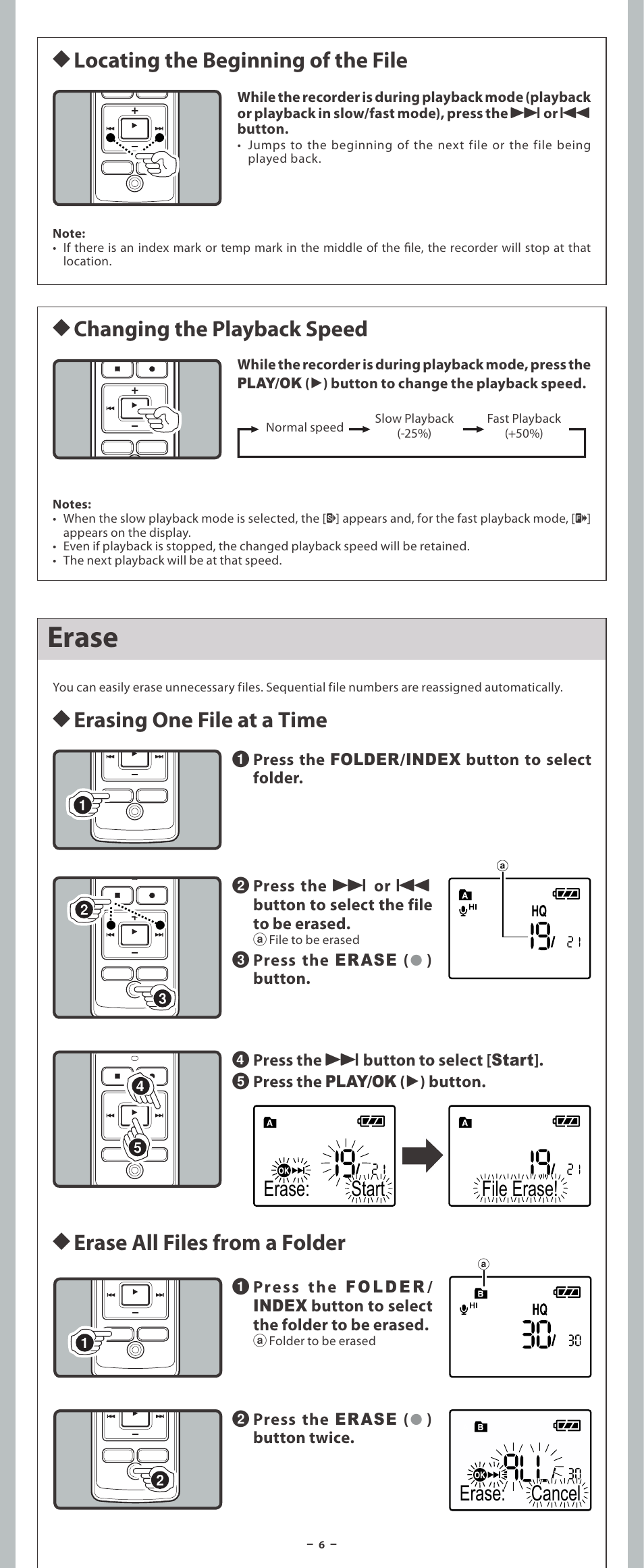 Erase, H erasing one file at a time, H erase all files from a folder | Erase: start file erase, Erase: cancel | Olympus VN-3200PC User Manual | Page 6 / 12