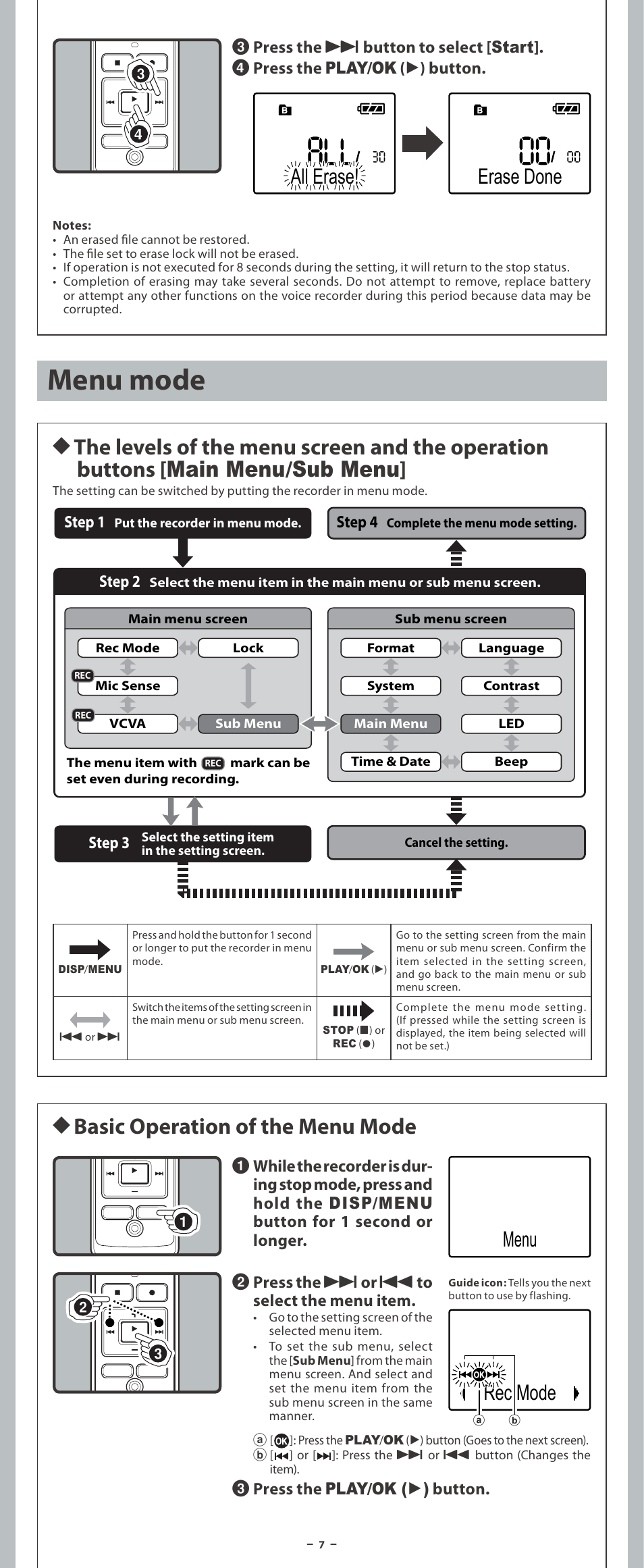 Menu mode, H basic operation of the menu mode, All erase! erase done | Menu rec mode | Olympus VN-3200PC User Manual | Page 7 / 12