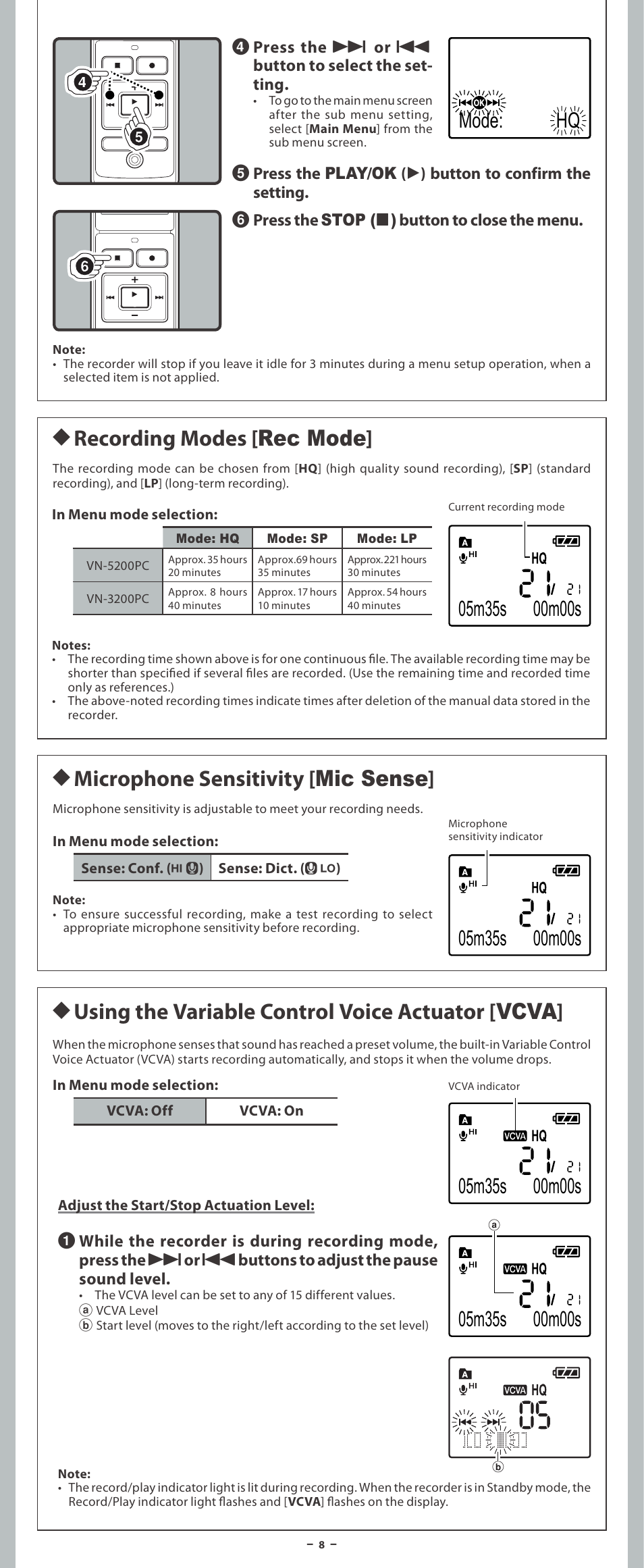 H recording modes [ rec mode | Olympus VN-3200PC User Manual | Page 8 / 12