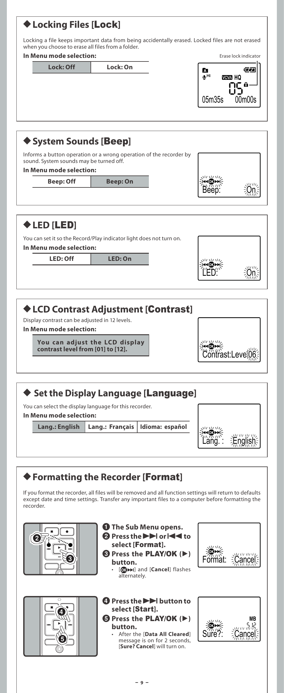 H locking files [ lock, H system sounds [ beep, H led [ led | H lcd contrast adjustment [ contrast | Olympus VN-3200PC User Manual | Page 9 / 12