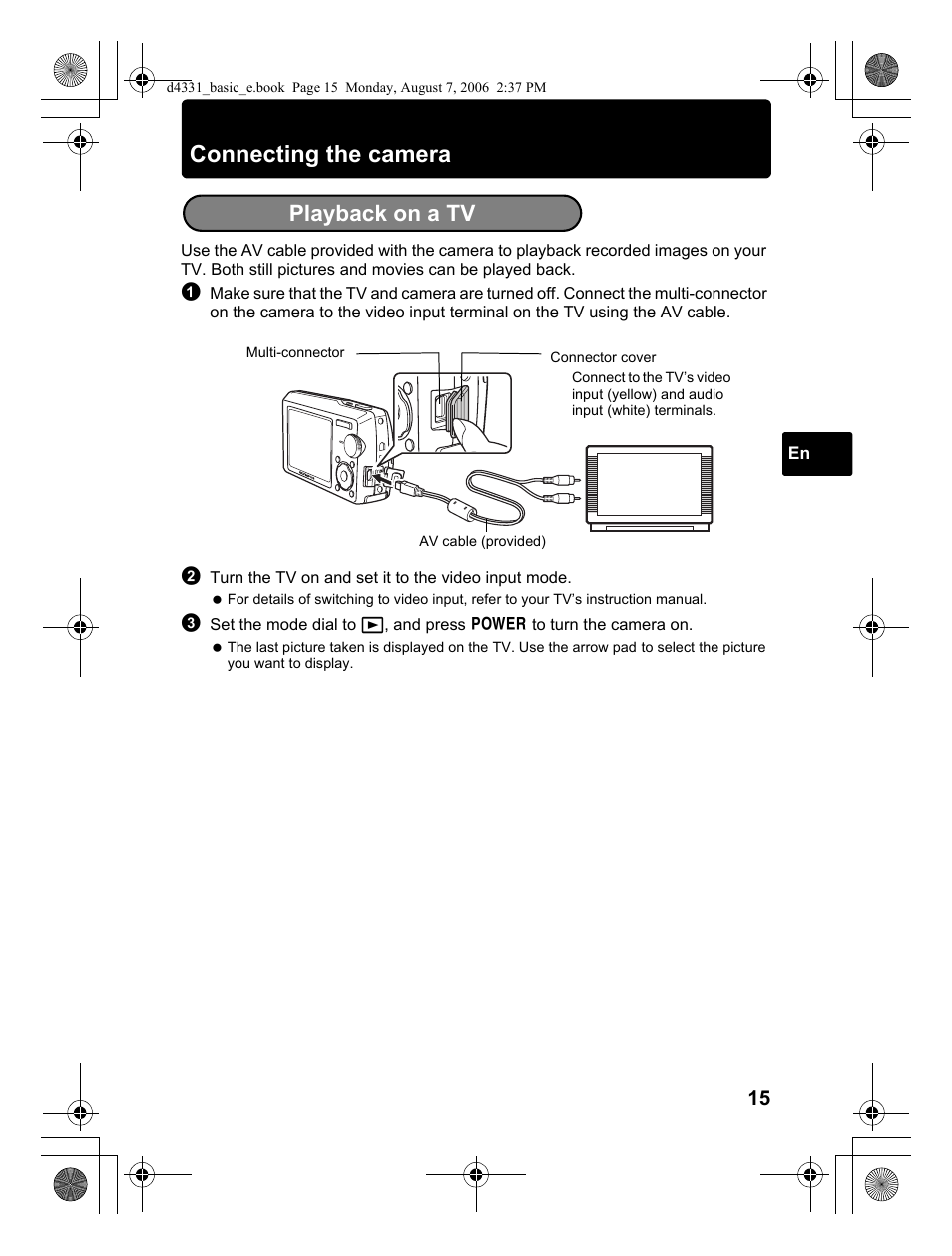Connecting the camera, Playback on a tv | Olympus Stylus 1000 User Manual | Page 15 / 84