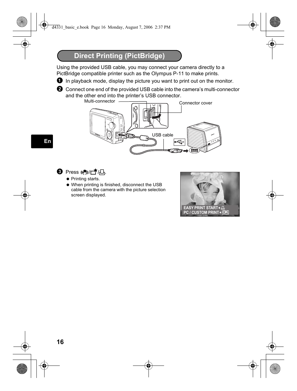 Direct printing (pictbridge) | Olympus Stylus 1000 User Manual | Page 16 / 84