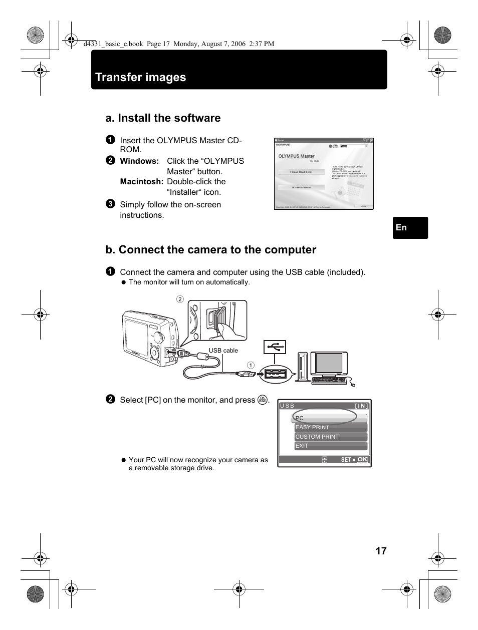 Transfer images, A. install the software, B. connect the camera to the computer | Olympus Stylus 1000 User Manual | Page 17 / 84