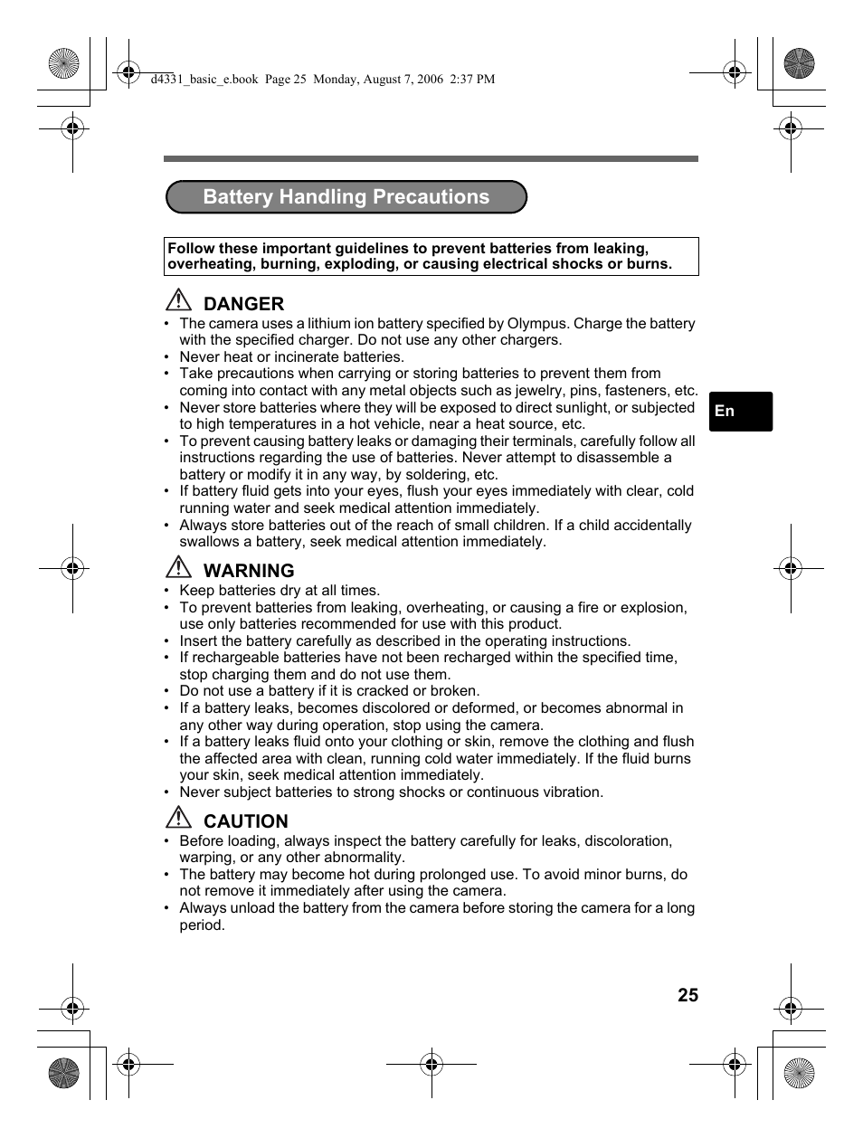 Battery handling precautions | Olympus Stylus 1000 User Manual | Page 25 / 84