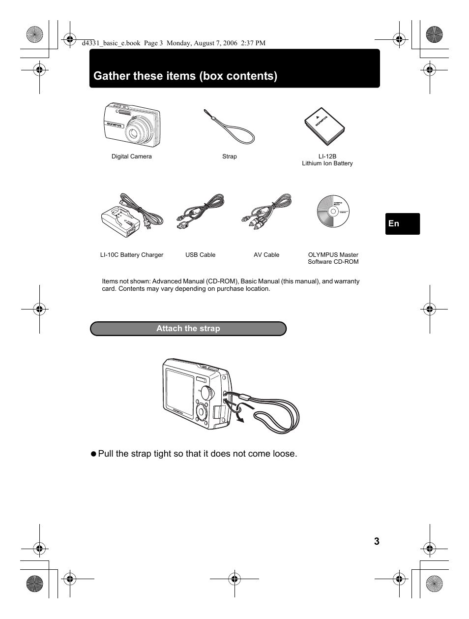 Gather these items (box contents) | Olympus Stylus 1000 User Manual | Page 3 / 84