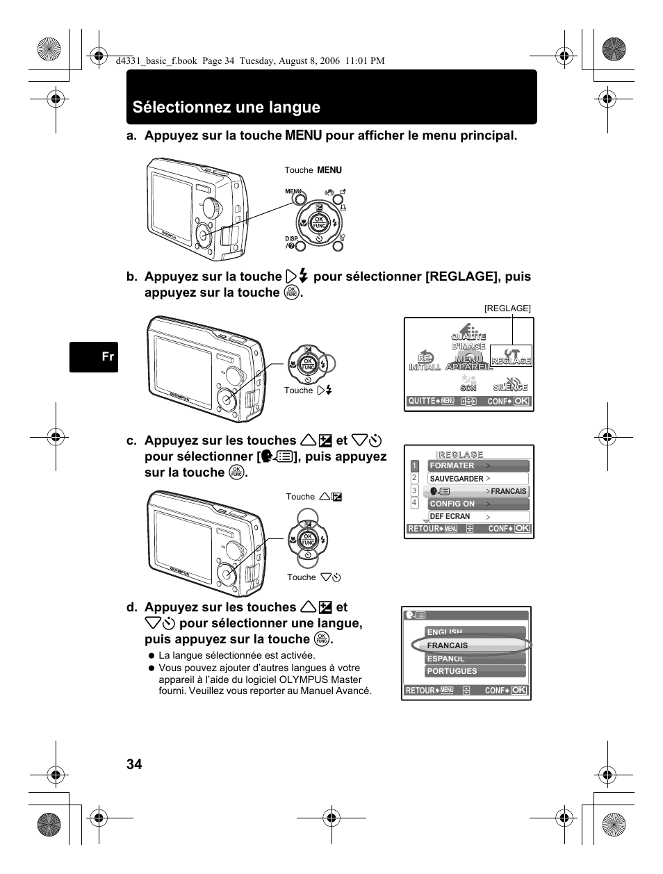 Sélectionnez une langue | Olympus Stylus 1000 User Manual | Page 34 / 84