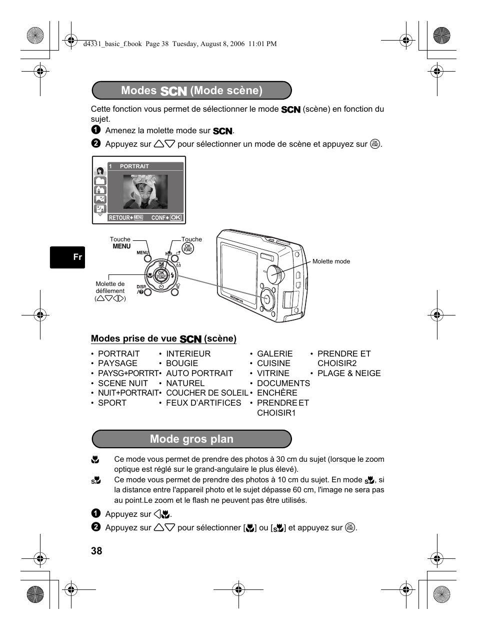 Modes s (mode scène), Mode gros plan | Olympus Stylus 1000 User Manual | Page 38 / 84