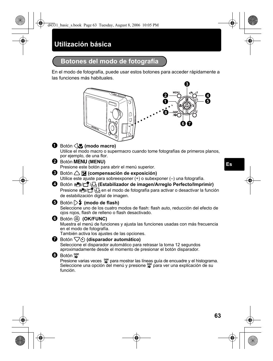 Utilización básica, Botones del modo de fotografía | Olympus Stylus 1000 User Manual | Page 63 / 84