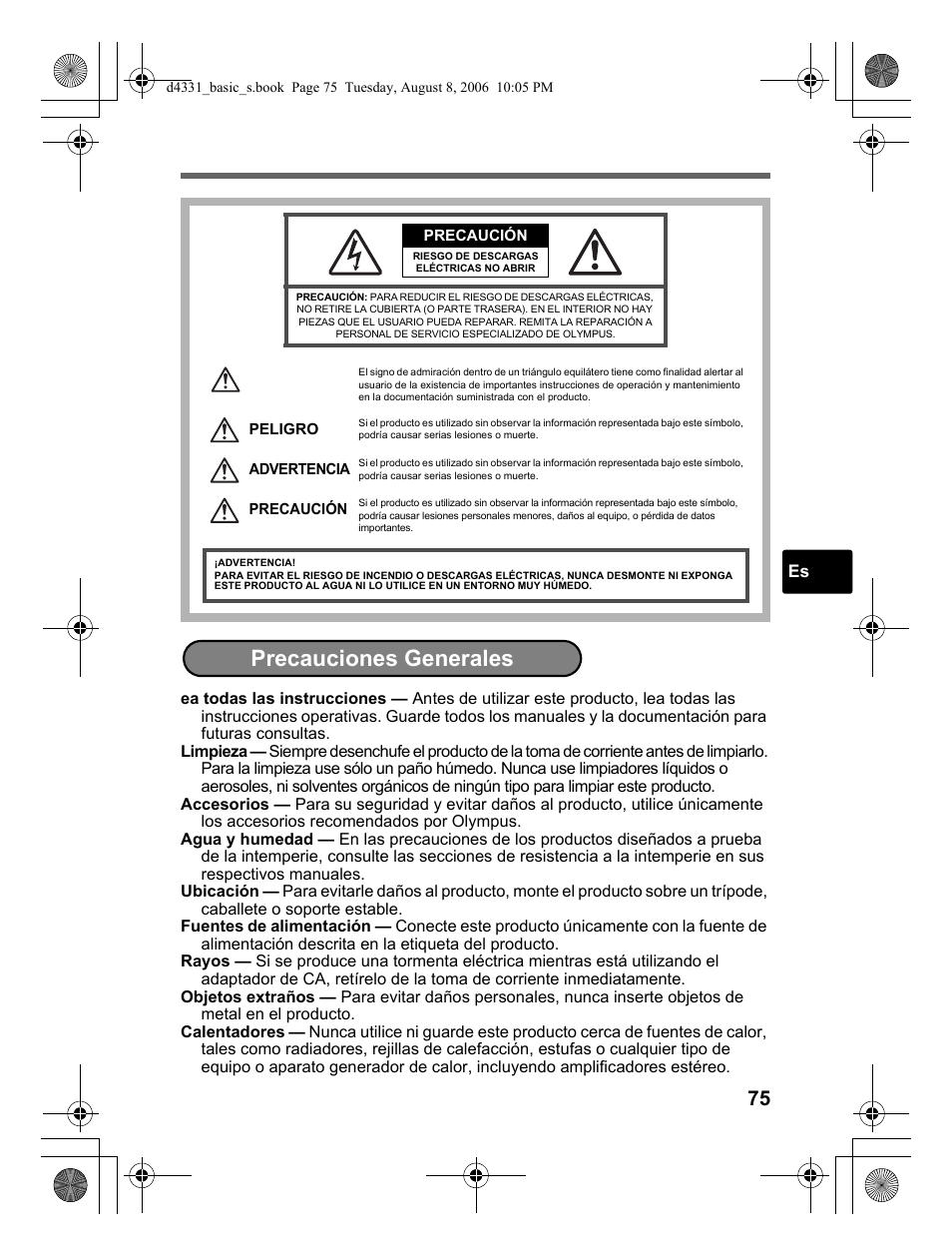 Precauciones generales | Olympus Stylus 1000 User Manual | Page 75 / 84