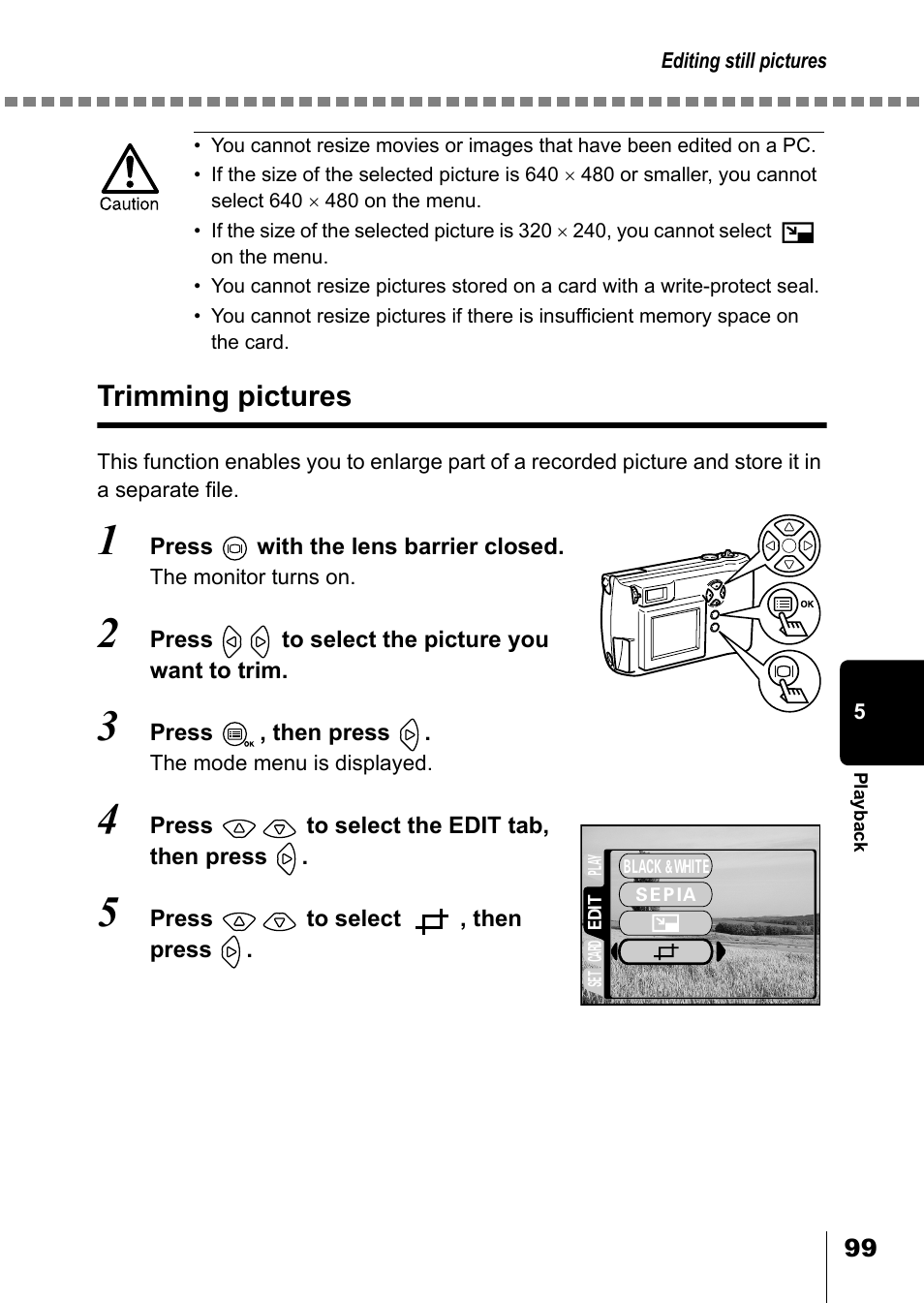 Trimming pictures, P.99 | Olympus D-550 Zoom User Manual | Page 100 / 178