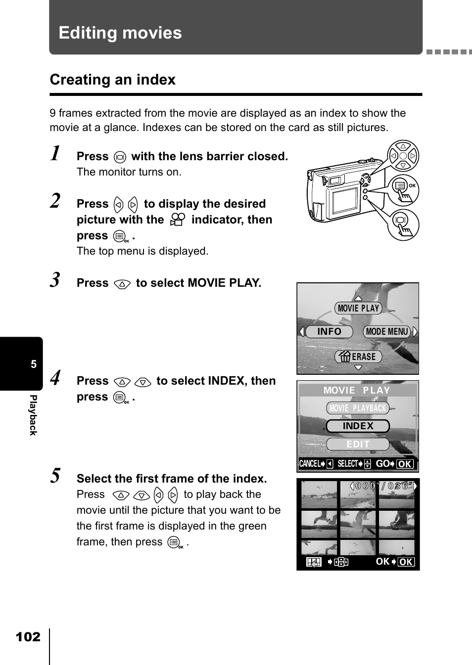 Editing movies, Creating an index, P.102 | Olympus D-550 Zoom User Manual | Page 103 / 178