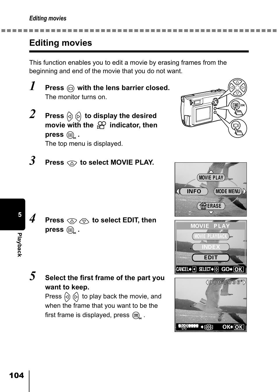 Editing movies, P.104 | Olympus D-550 Zoom User Manual | Page 105 / 178