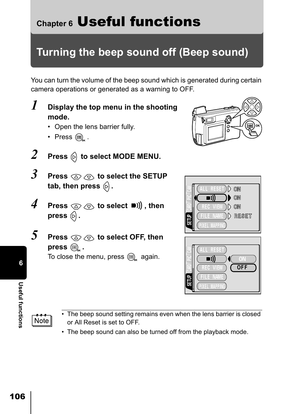 Chapter 6 useful functions, Turning the beep sound off (beep sound), Chapter 6 | Useful functions, P.106 | Olympus D-550 Zoom User Manual | Page 107 / 178