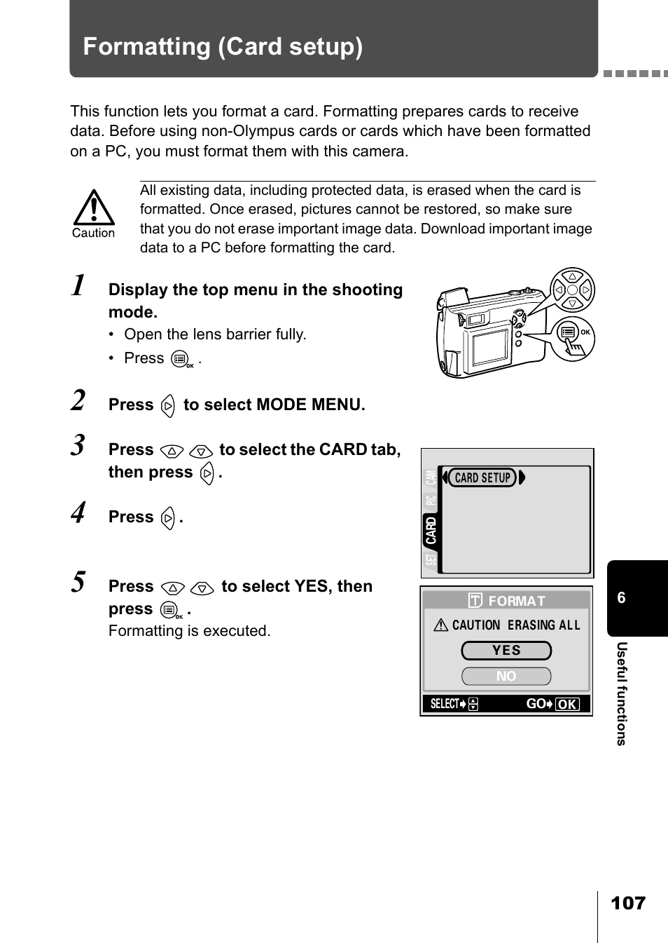 Formatting (card setup), P.107 | Olympus D-550 Zoom User Manual | Page 108 / 178