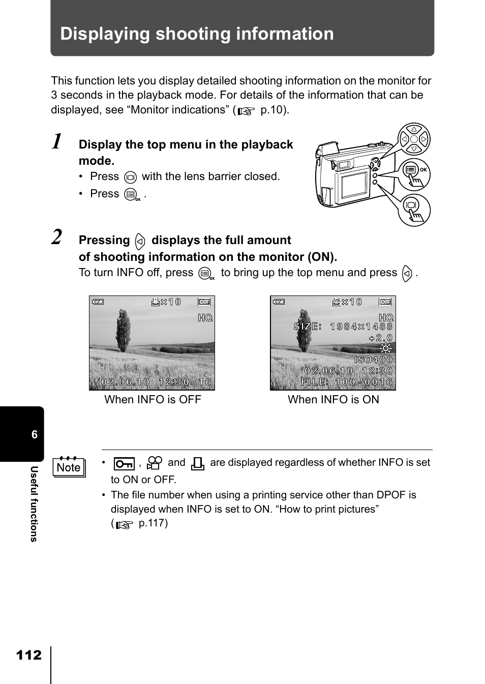 Displaying shooting information, Ck mode. “displaying shooting information, P.112) | P.112 | Olympus D-550 Zoom User Manual | Page 113 / 178