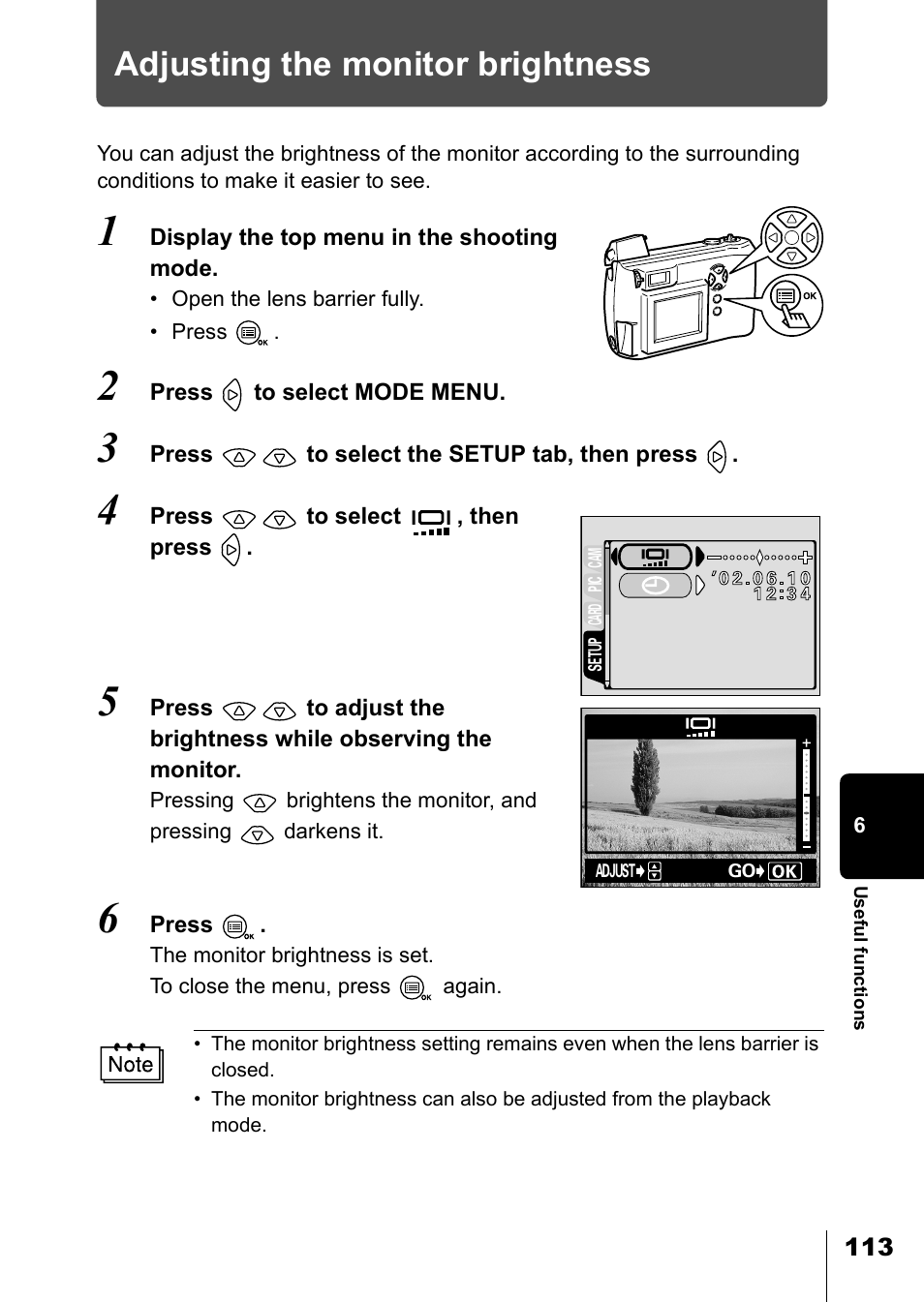 Adjusting the monitor brightness, P.113 | Olympus D-550 Zoom User Manual | Page 114 / 178