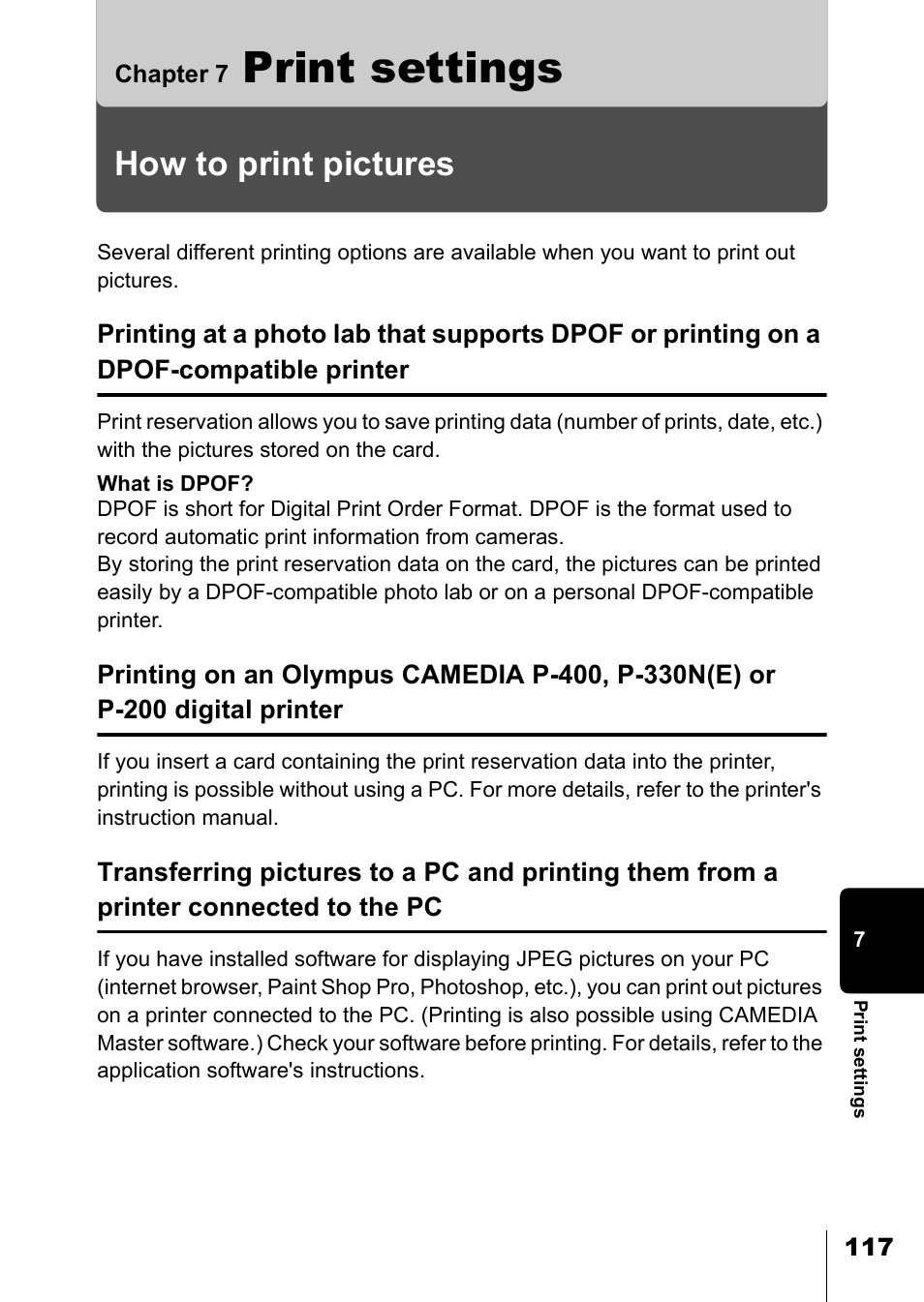 Chapter 7 print settings, How to print pictures, Chapter 7 | Print settings, P.117, P.117) | Olympus D-550 Zoom User Manual | Page 118 / 178