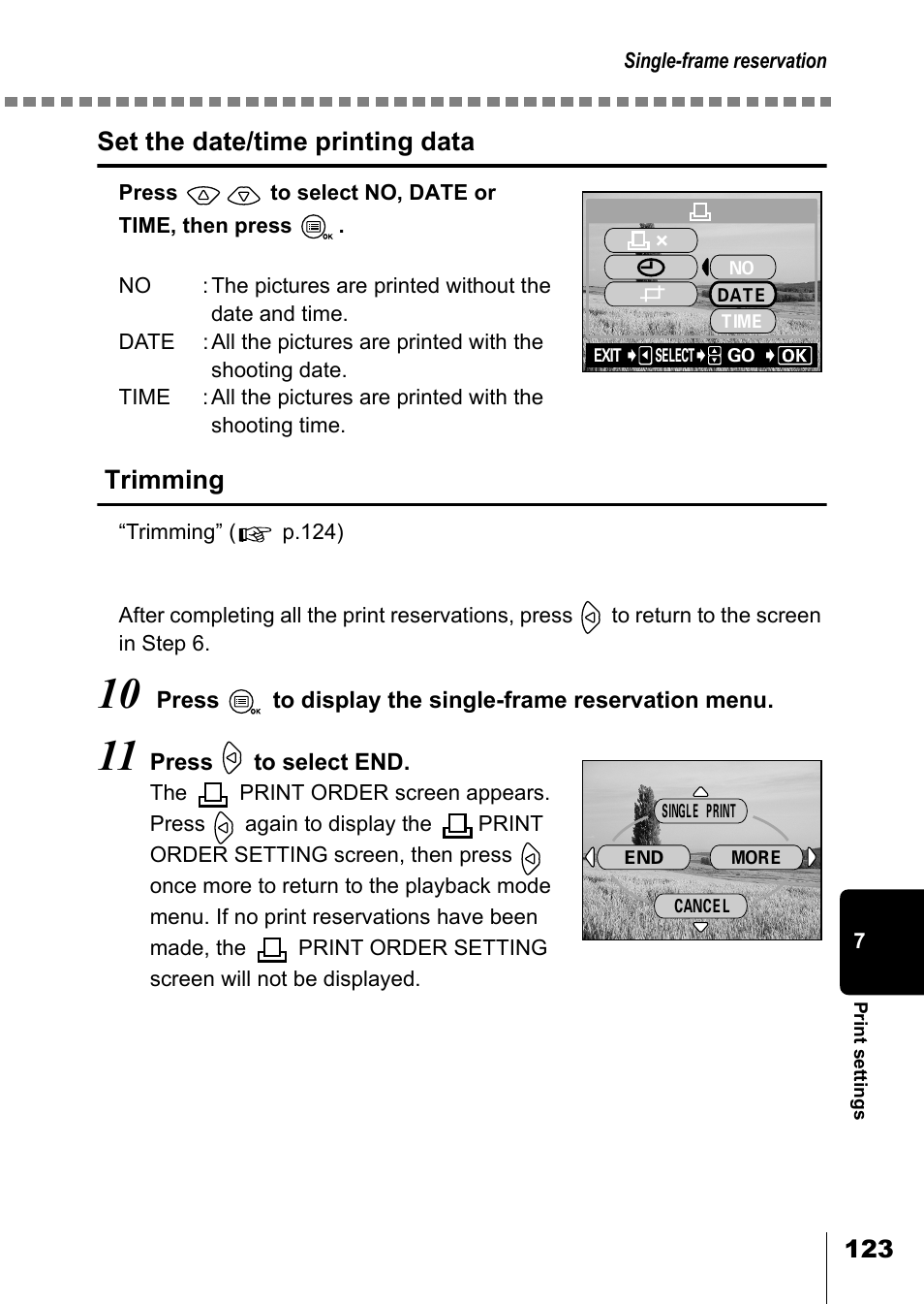 Set the date/time printing data, Trimming | Olympus D-550 Zoom User Manual | Page 124 / 178
