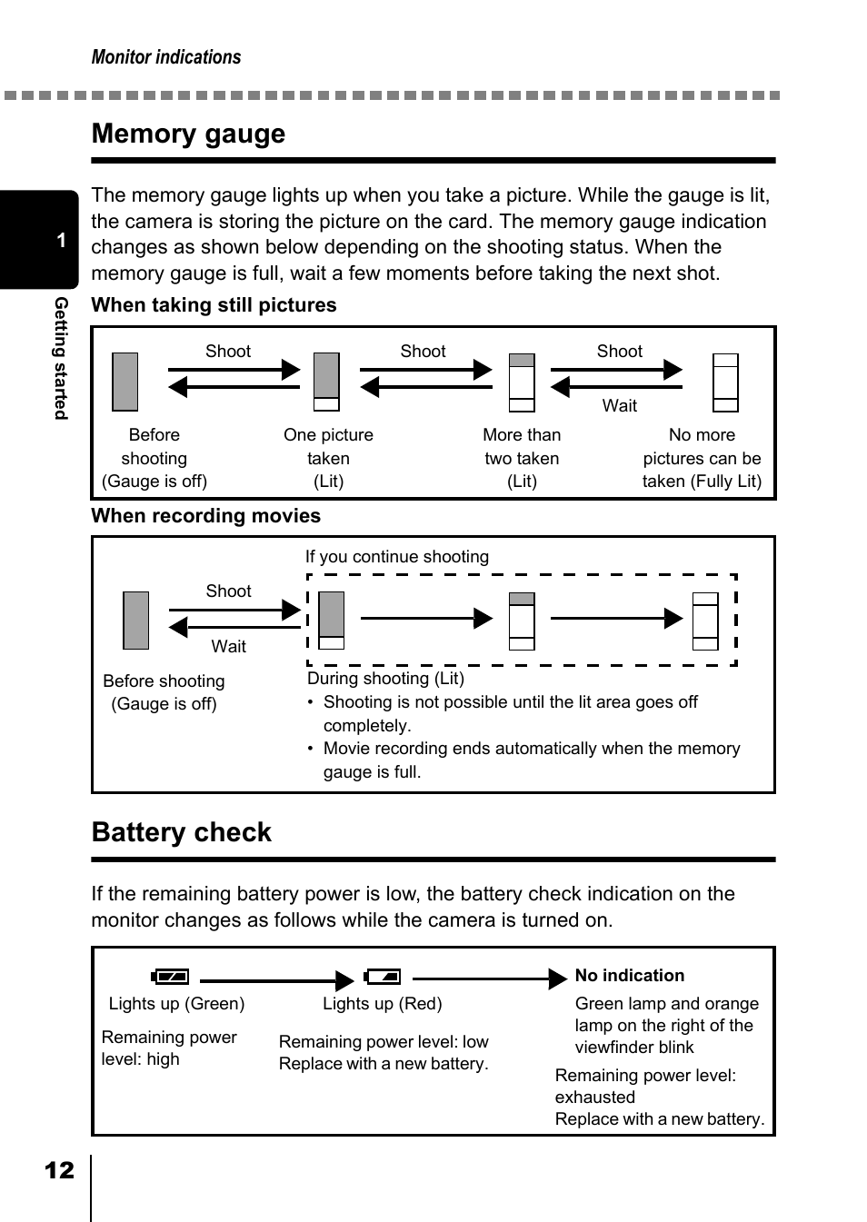 Memory gauge, Battery check, Memory gauge battery check | P.12 | Olympus D-550 Zoom User Manual | Page 13 / 178