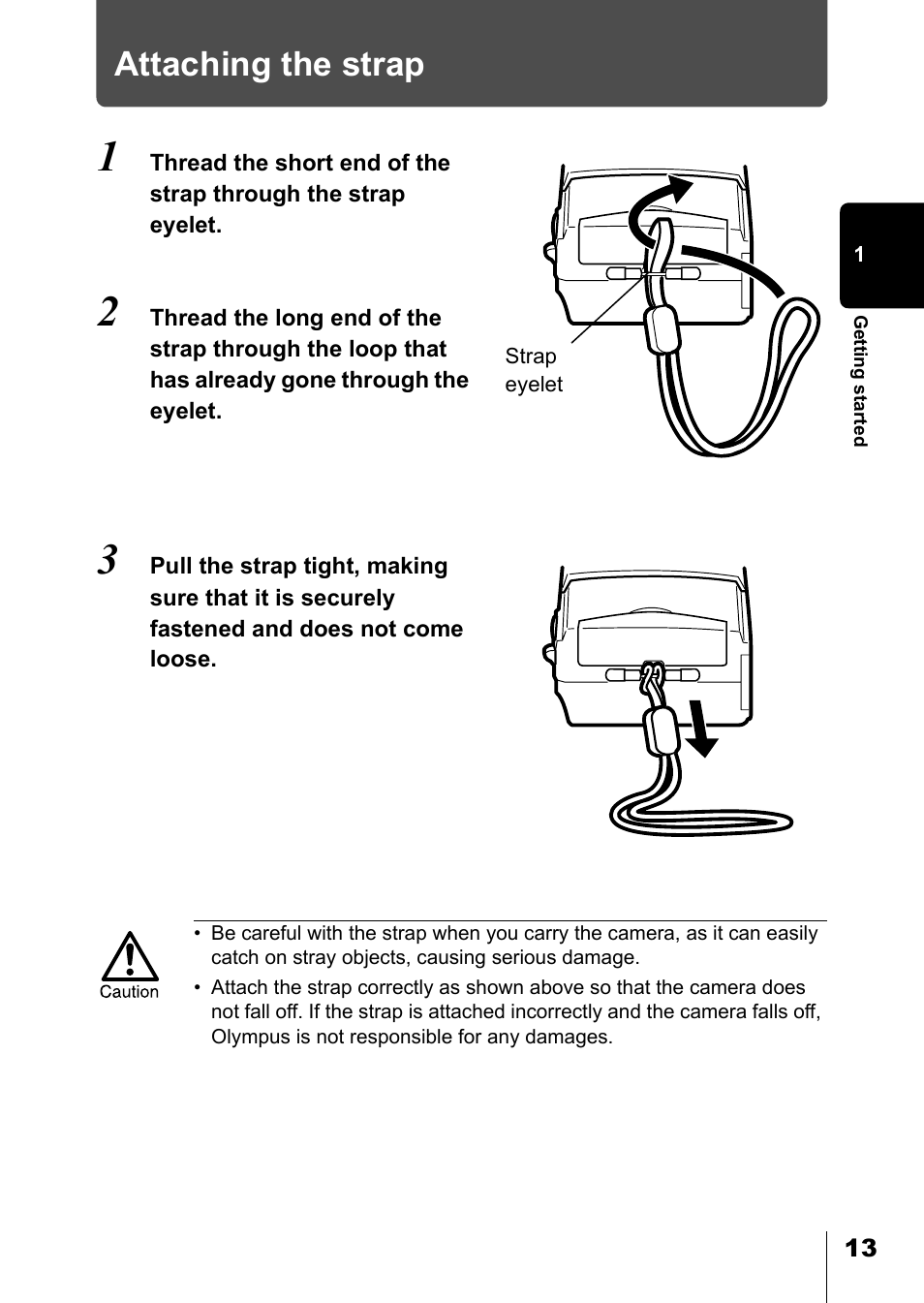 Attaching the strap | Olympus D-550 Zoom User Manual | Page 14 / 178