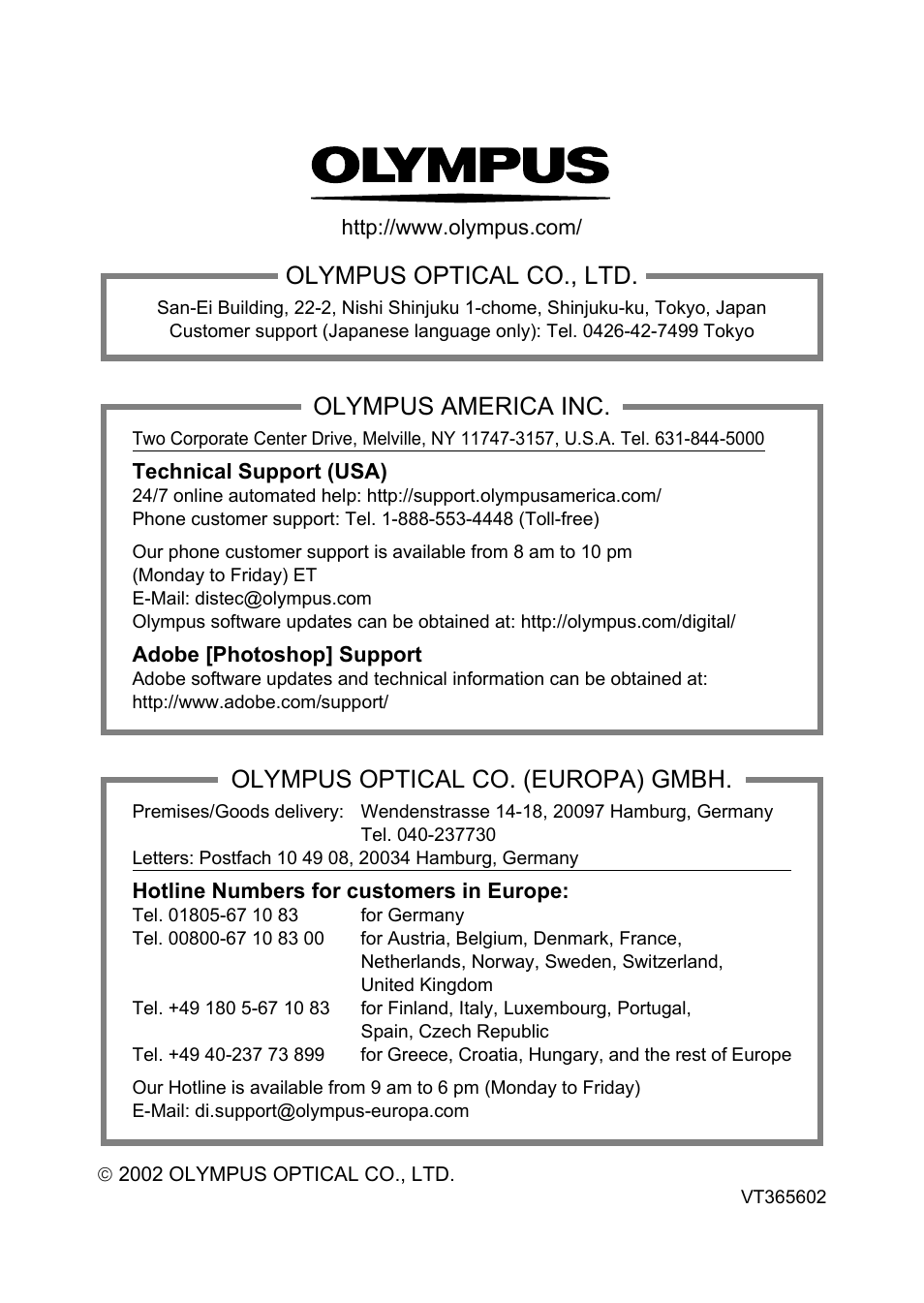 Olympus optical co., ltd, Olympus america inc, Olympus optical co. (europa) gmbh | Olympus D-550 Zoom User Manual | Page 146 / 178