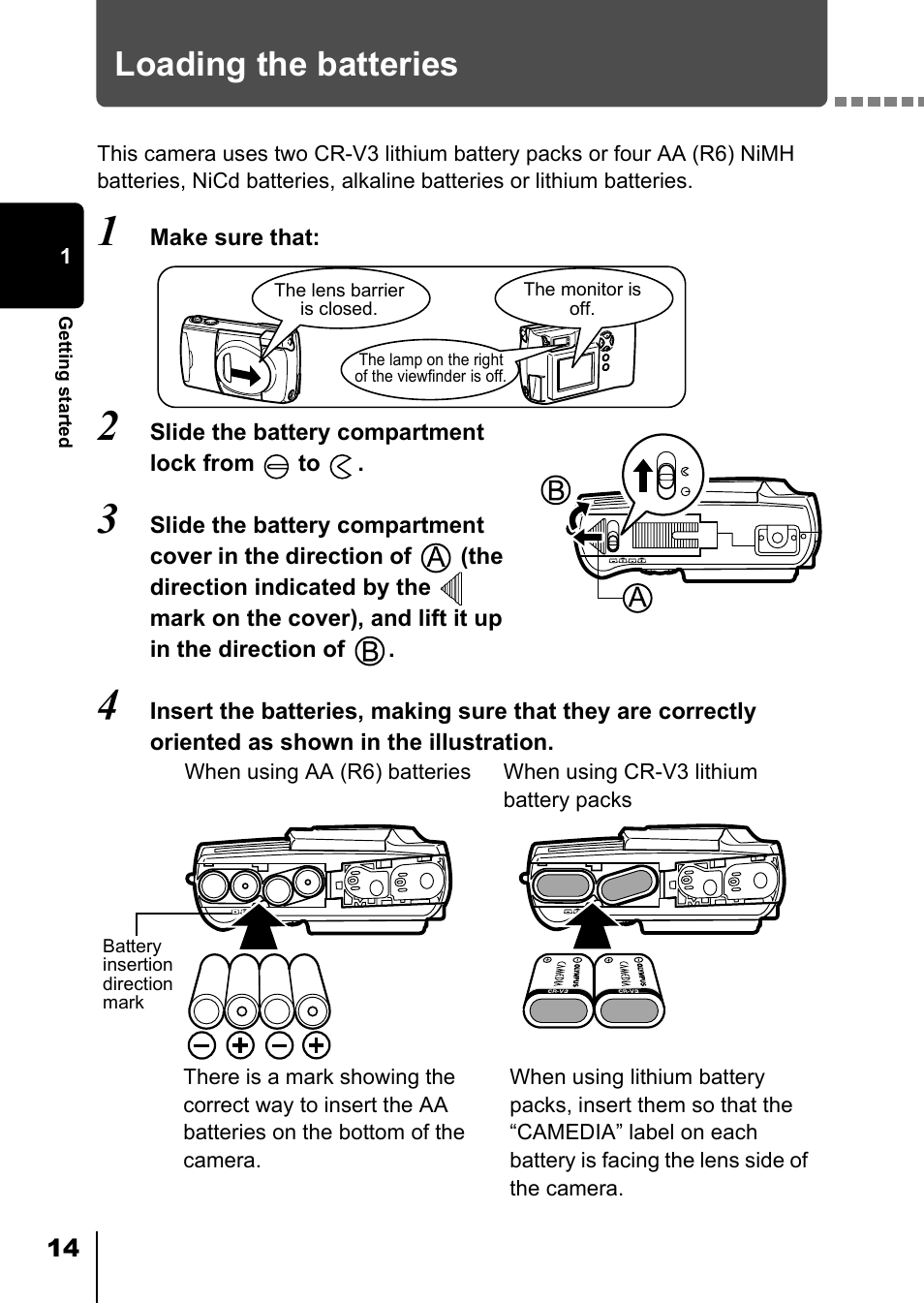 Loading the batteries | Olympus D-550 Zoom User Manual | Page 15 / 178