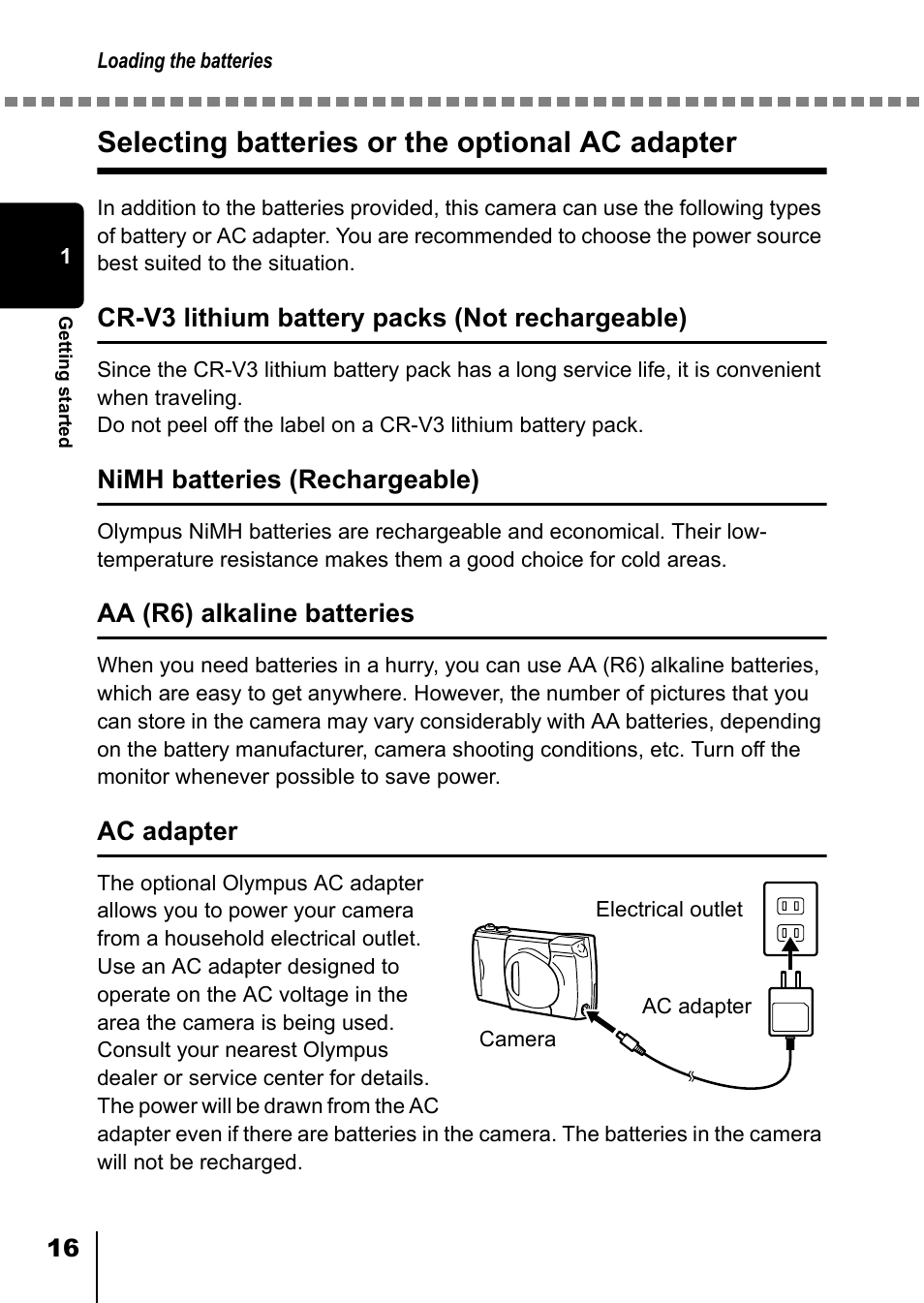 Selecting batteries or the optional ac adapter, Cr-v3 lithium battery packs (not rechargeable), Nimh batteries (rechargeable) | Aa (r6) alkaline batteries, Ac adapter | Olympus D-550 Zoom User Manual | Page 17 / 178