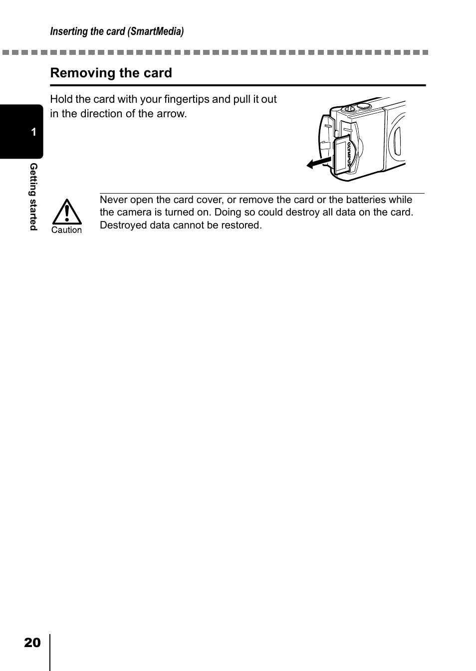 Removing the card | Olympus D-550 Zoom User Manual | Page 21 / 178