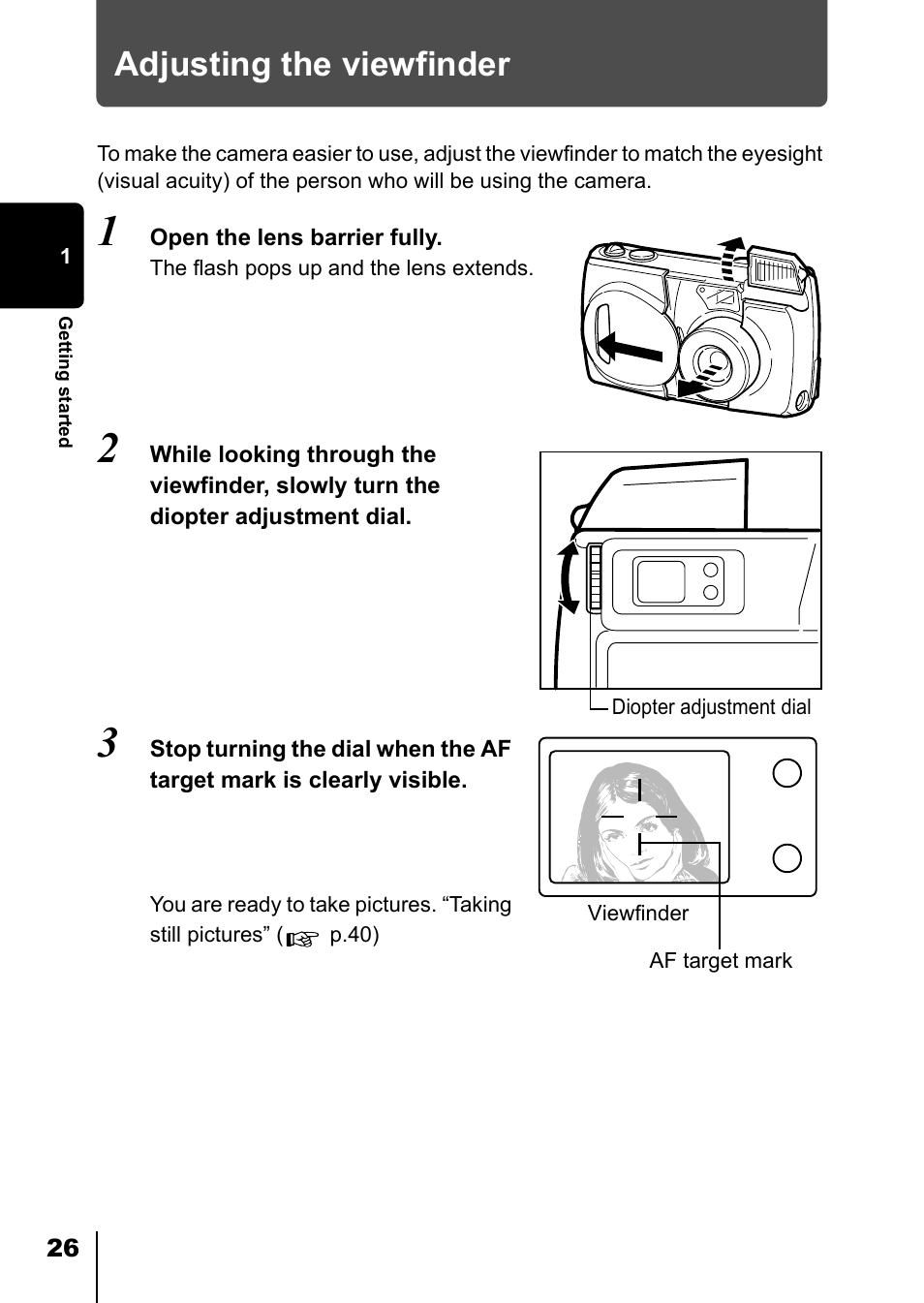Adjusting the viewfinder | Olympus D-550 Zoom User Manual | Page 27 / 178