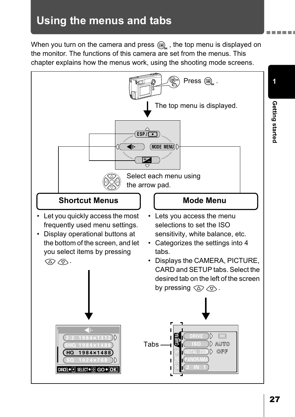Using the menus and tabs, Shortcut menus, Mode menu | Olympus D-550 Zoom User Manual | Page 28 / 178