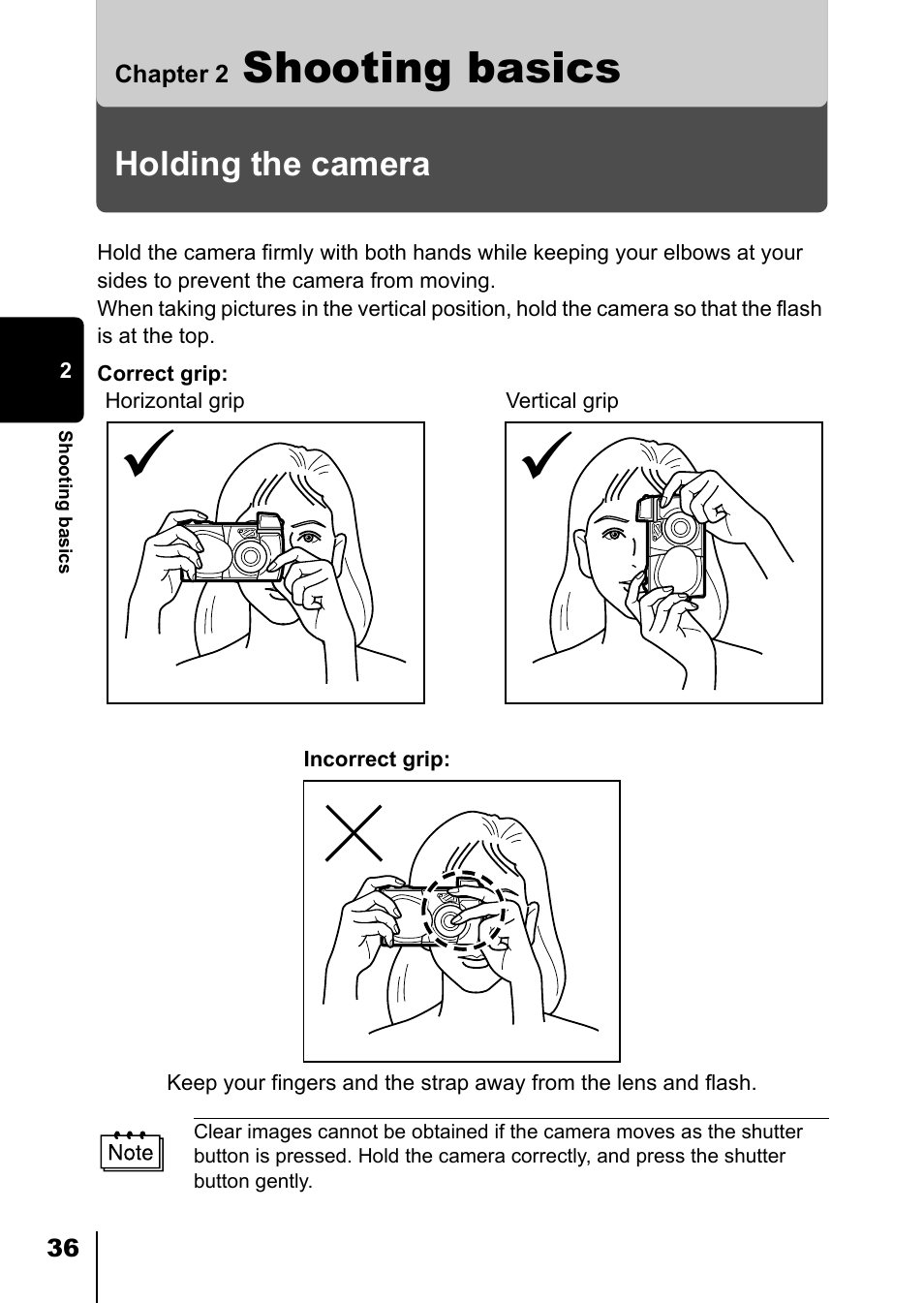 Chapter 2 shooting basics, Holding the camera, Chapter 2 | Shooting basics | Olympus D-550 Zoom User Manual | Page 37 / 178