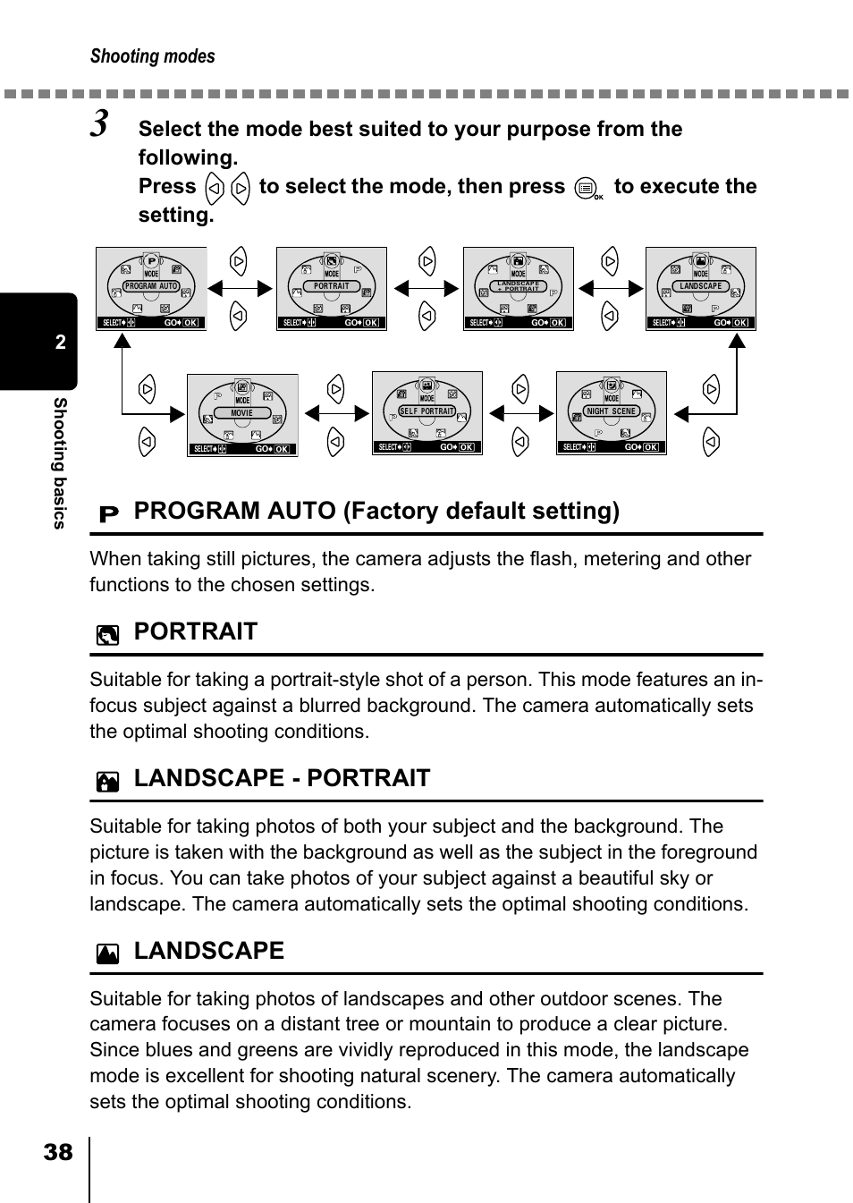 Program auto (factory default setting), Portrait, Landscape - portrait | Landscape, Shooting modes | Olympus D-550 Zoom User Manual | Page 39 / 178