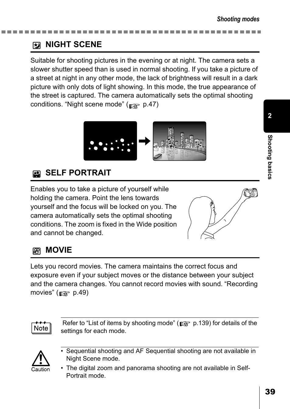 Night scene, Self portrait, Movie | Olympus D-550 Zoom User Manual | Page 40 / 178