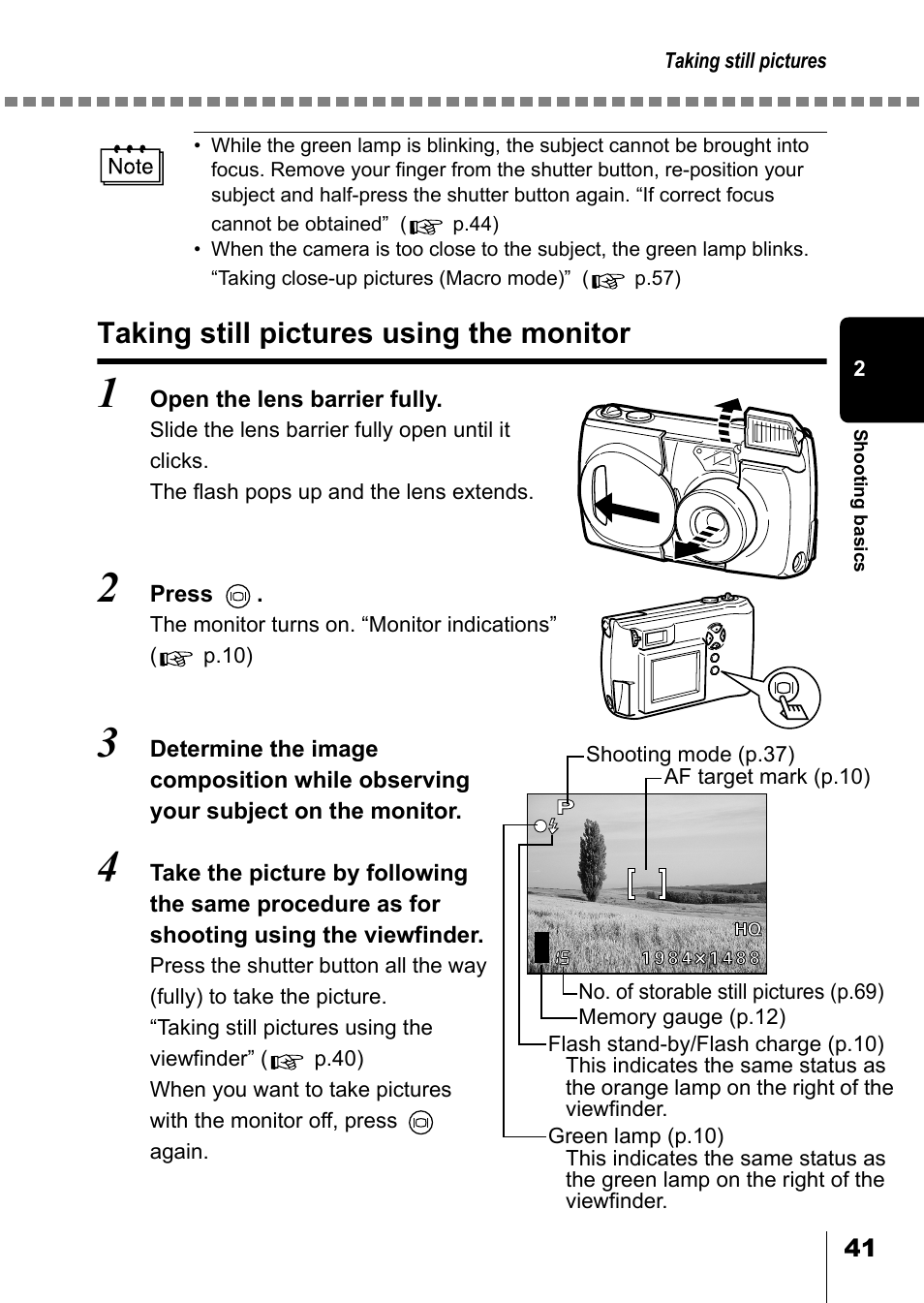 Taking still pictures using the monitor, P.41 | Olympus D-550 Zoom User Manual | Page 42 / 178