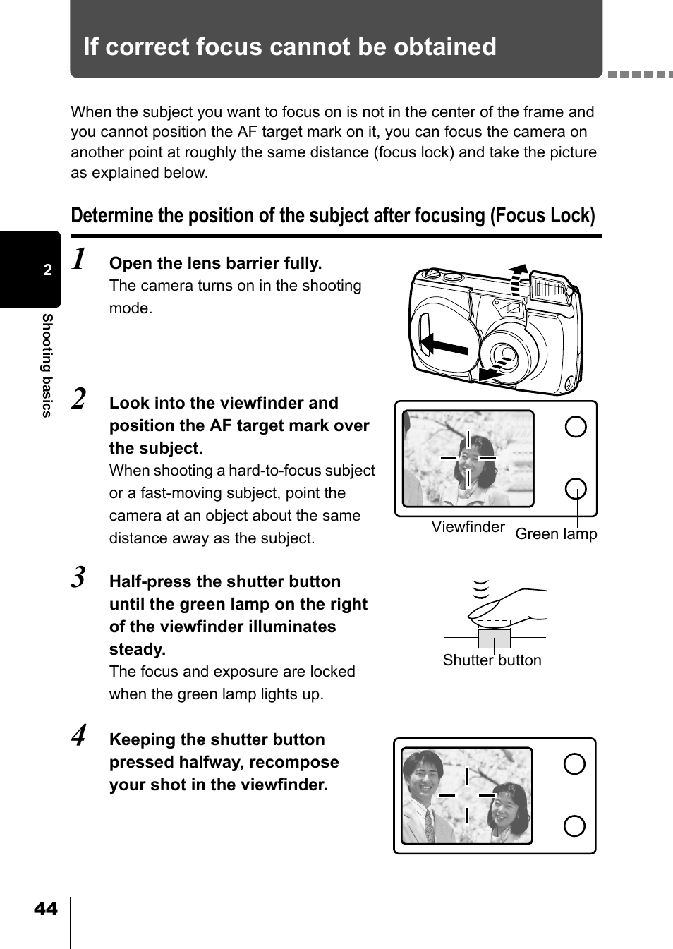 If correct focus cannot be obtained, Focus lock), In. “if correct focus cannot be obtained | P.44) | Olympus D-550 Zoom User Manual | Page 45 / 178