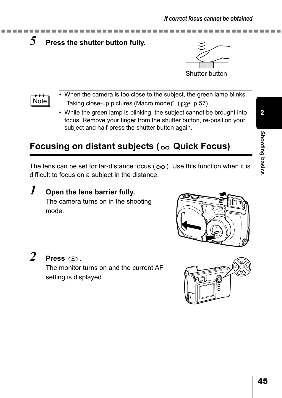Focusing on distant subjects ( quick focus), Focusing on distant subjects, Quick focus) | P.45 | Olympus D-550 Zoom User Manual | Page 46 / 178