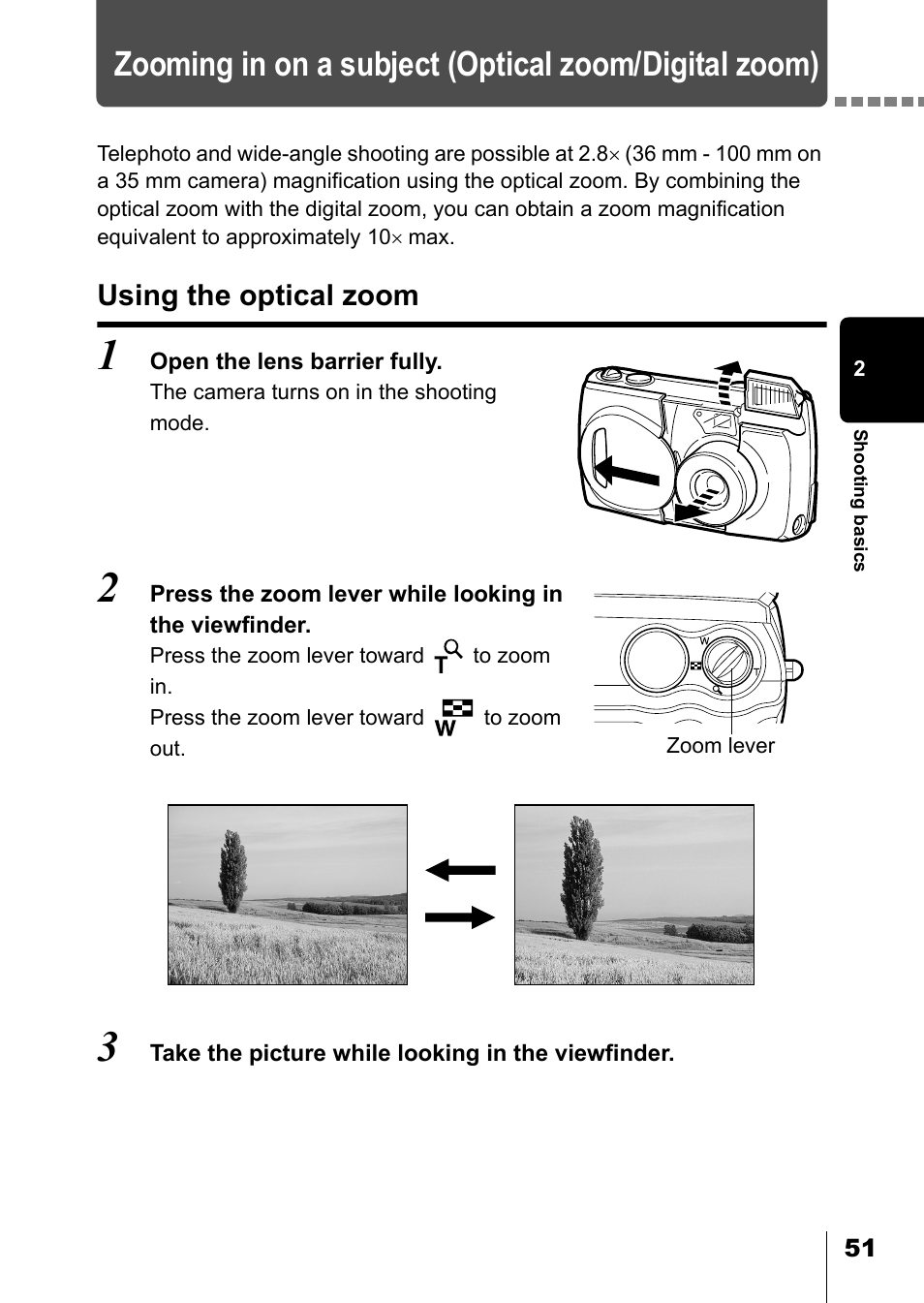 Using the optical zoom | Olympus D-550 Zoom User Manual | Page 52 / 178