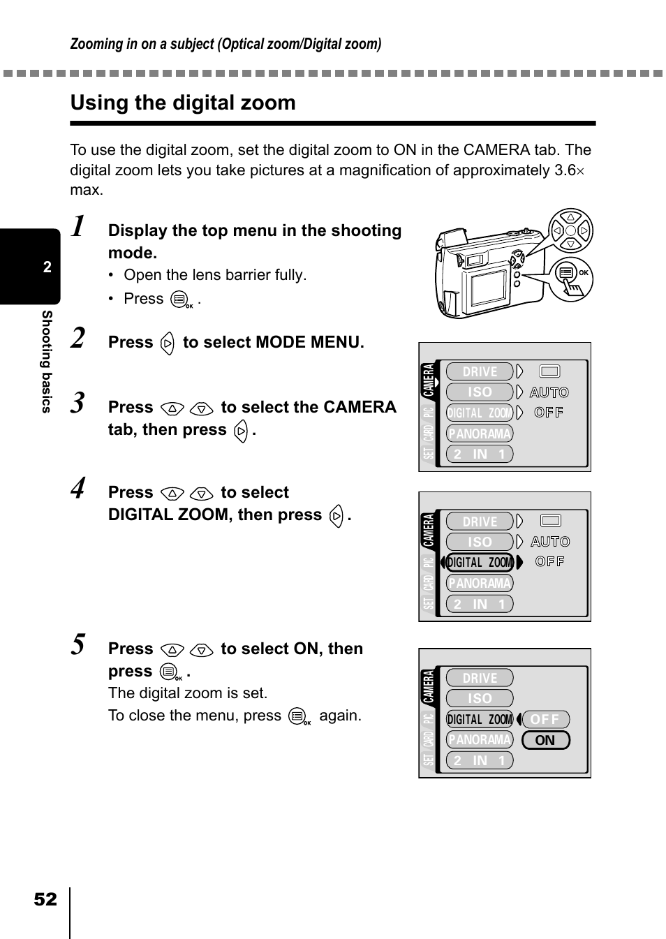 Using the digital zoom, P.52 | Olympus D-550 Zoom User Manual | Page 53 / 178