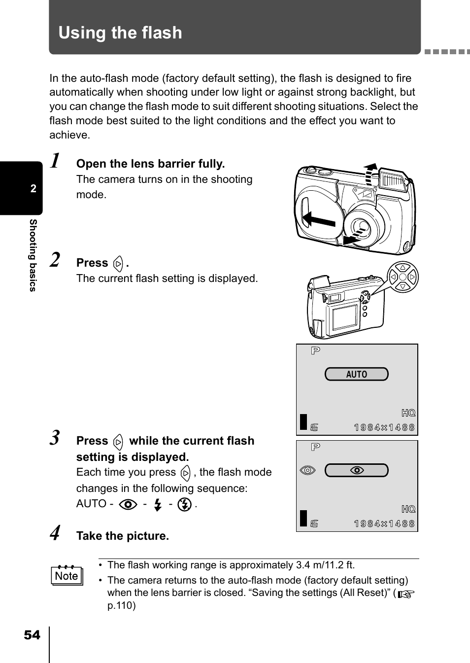 Using the flash, P.54 | Olympus D-550 Zoom User Manual | Page 55 / 178