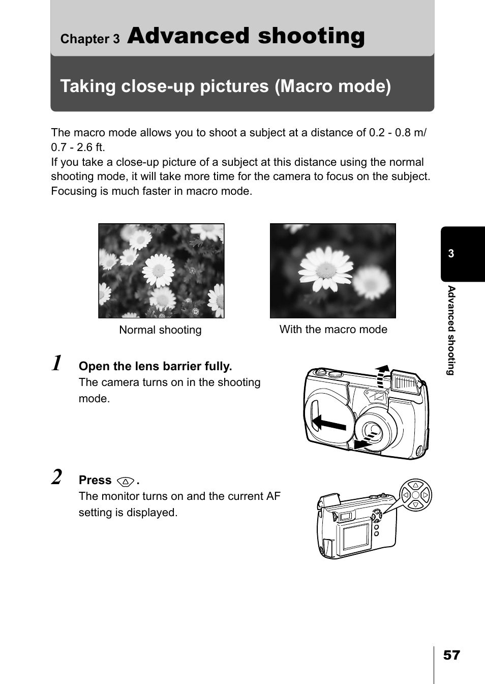 Chapter 3 advanced shooting, Taking close-up pictures (macro mode), Chapter 3 | Advanced shooting, P.57) | Olympus D-550 Zoom User Manual | Page 58 / 178