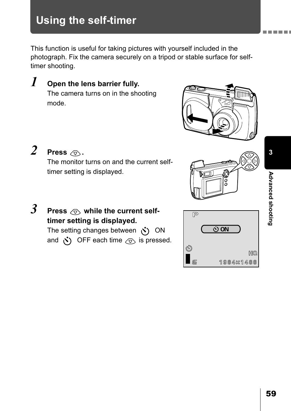 Using the self-timer, P.59 | Olympus D-550 Zoom User Manual | Page 60 / 178