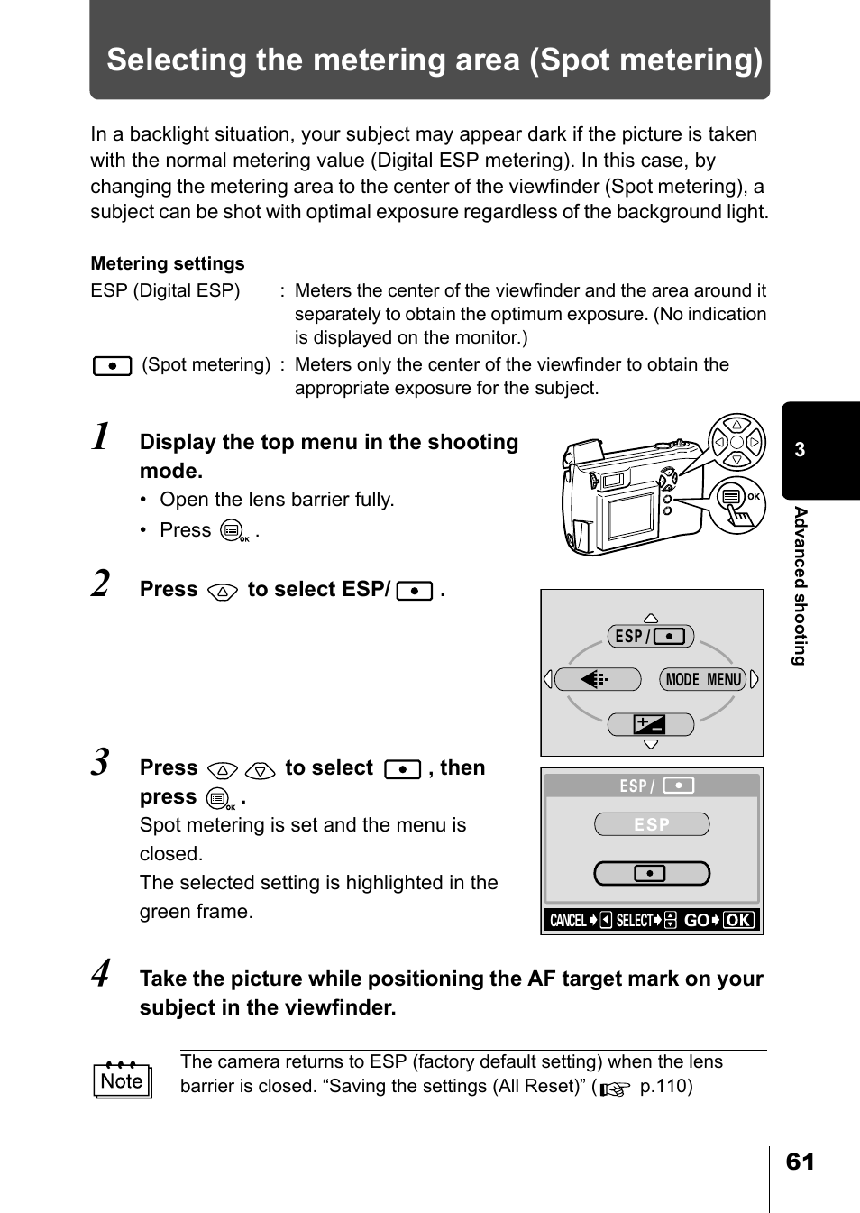 Selecting the metering area (spot metering), P.61 | Olympus D-550 Zoom User Manual | Page 62 / 178