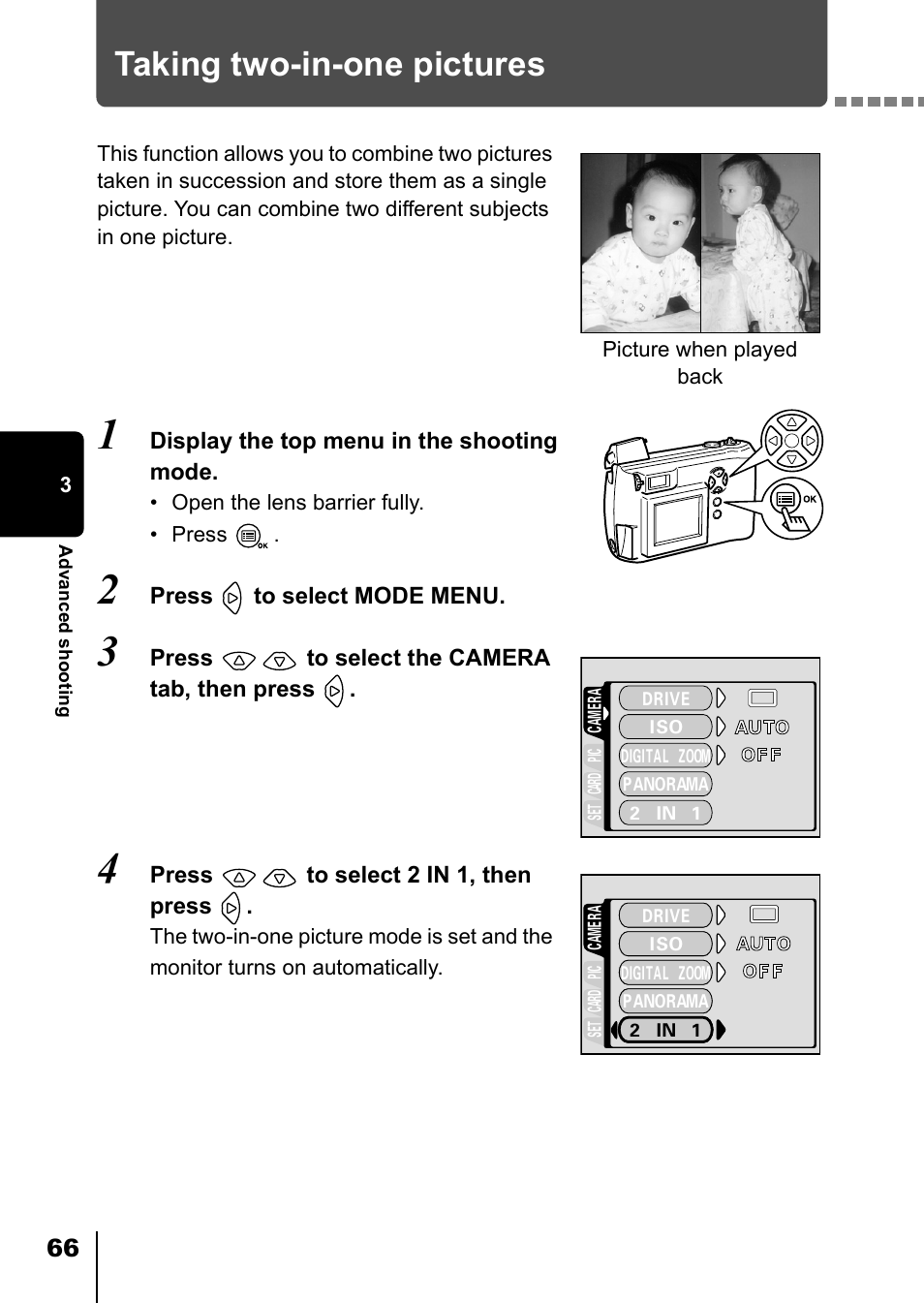Taking two-in-one pictures, P.66 | Olympus D-550 Zoom User Manual | Page 67 / 178