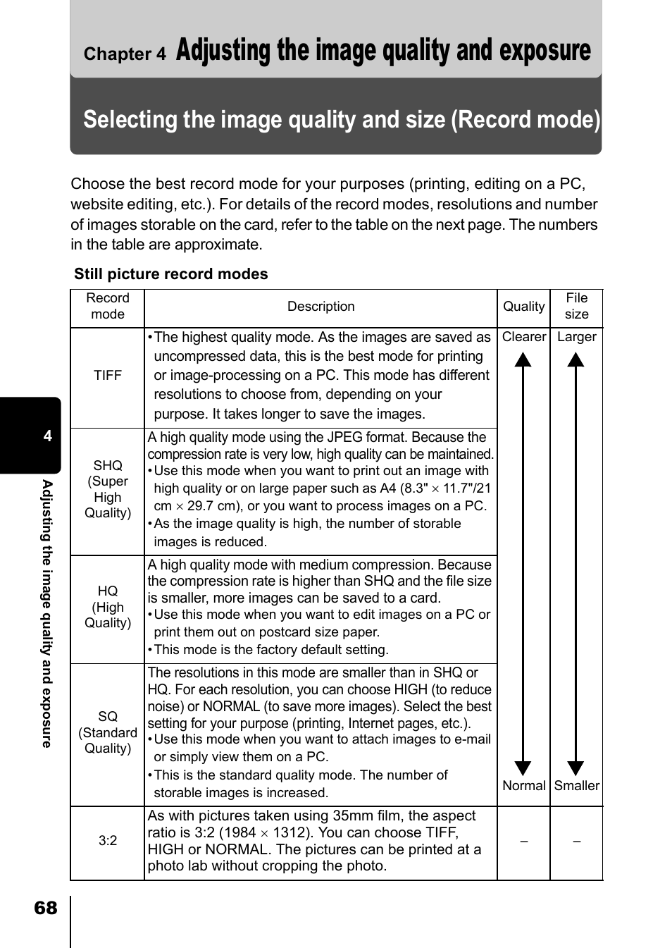 Chapter 4 adjusting the image quality and exposure, Selecting the image quality and size (record mode), Chapter 4 | Adjusting the image quality and exposure, Adjusting the image quality and exposure 68, P.68, 68 chapter 4 | Olympus D-550 Zoom User Manual | Page 69 / 178