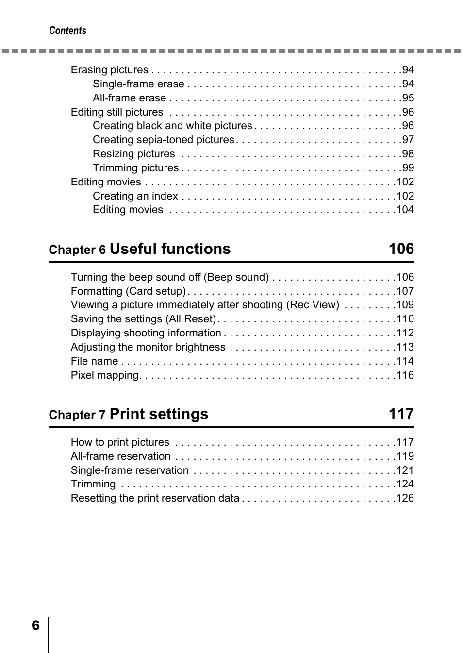 Useful functions 106, Print settings 117 | Olympus D-550 Zoom User Manual | Page 7 / 178