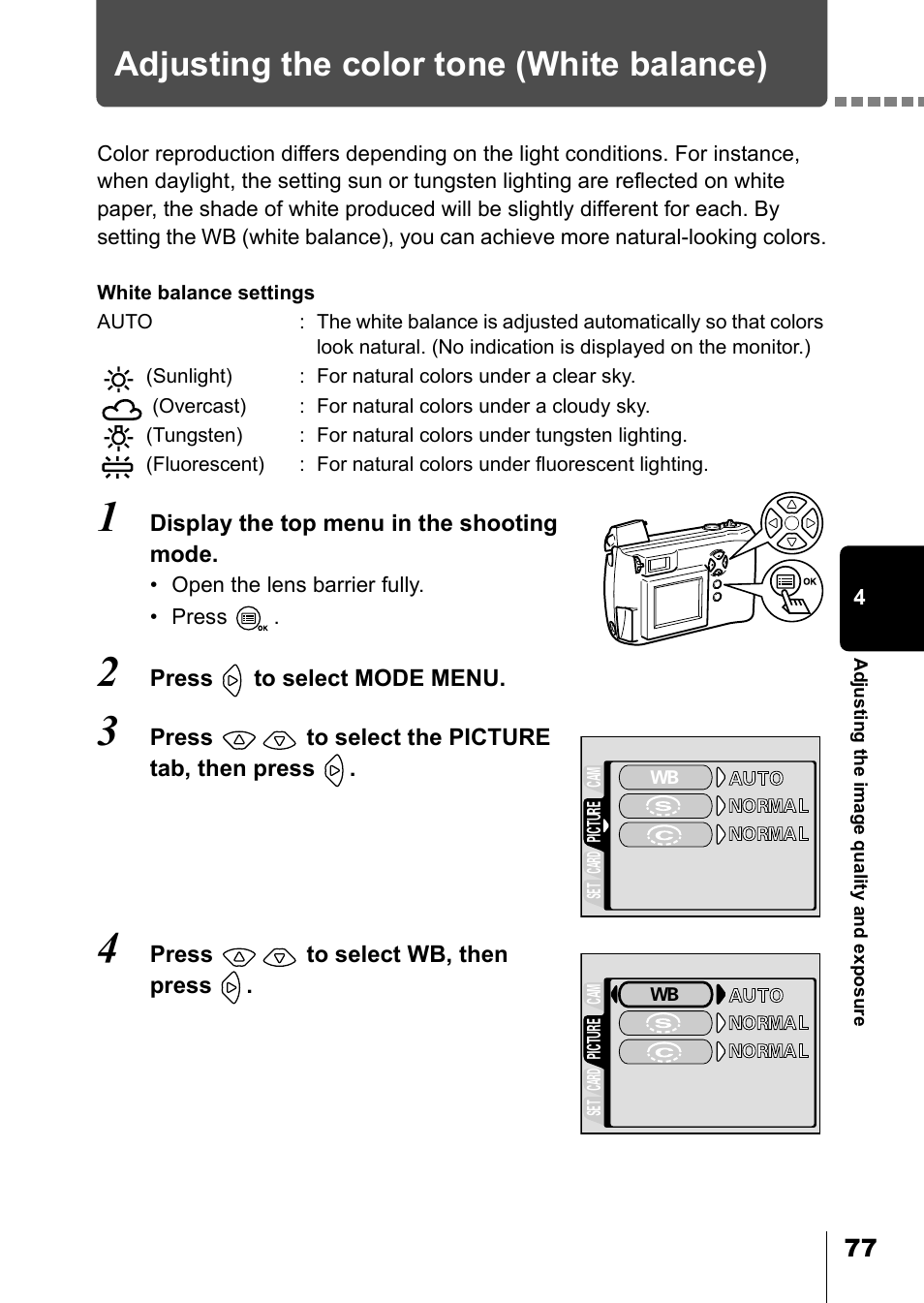 Adjusting the color tone (white balance), P.77 | Olympus D-550 Zoom User Manual | Page 78 / 178