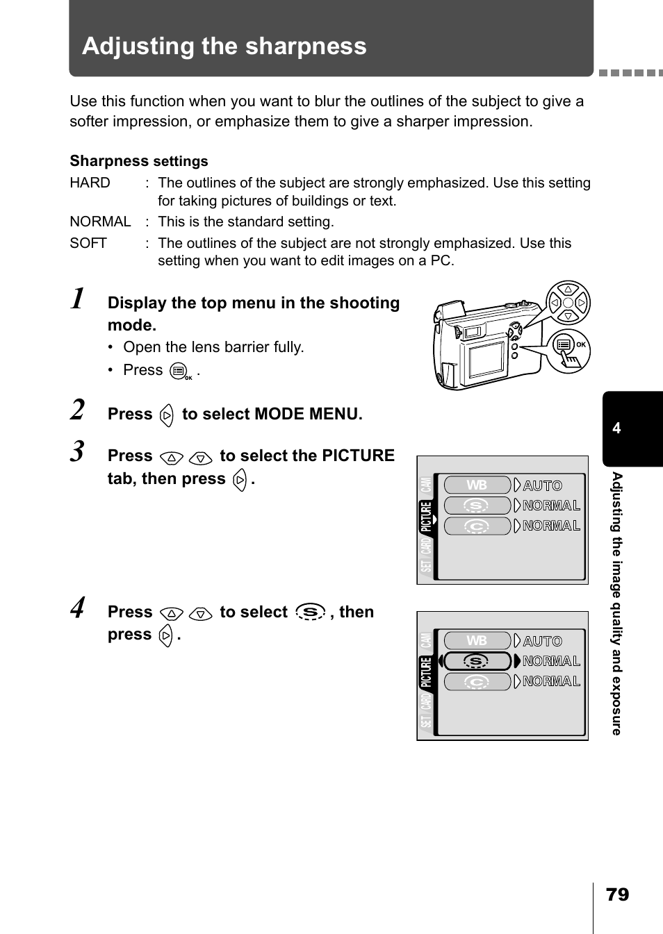 Adjusting the sharpness, P.79 | Olympus D-550 Zoom User Manual | Page 80 / 178